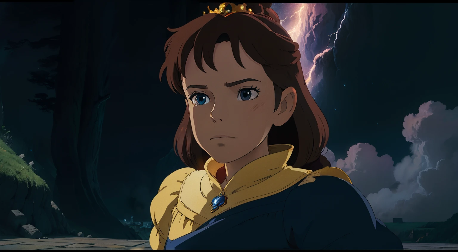 (Princess, belle, ghibli style, 8K) belle, beauty and the beast, breathtaking, beautiful, brave, Disney, Dramatic, hayao miyazaki, studio ghibli, anime, dark Lightning, dark enviorenment,