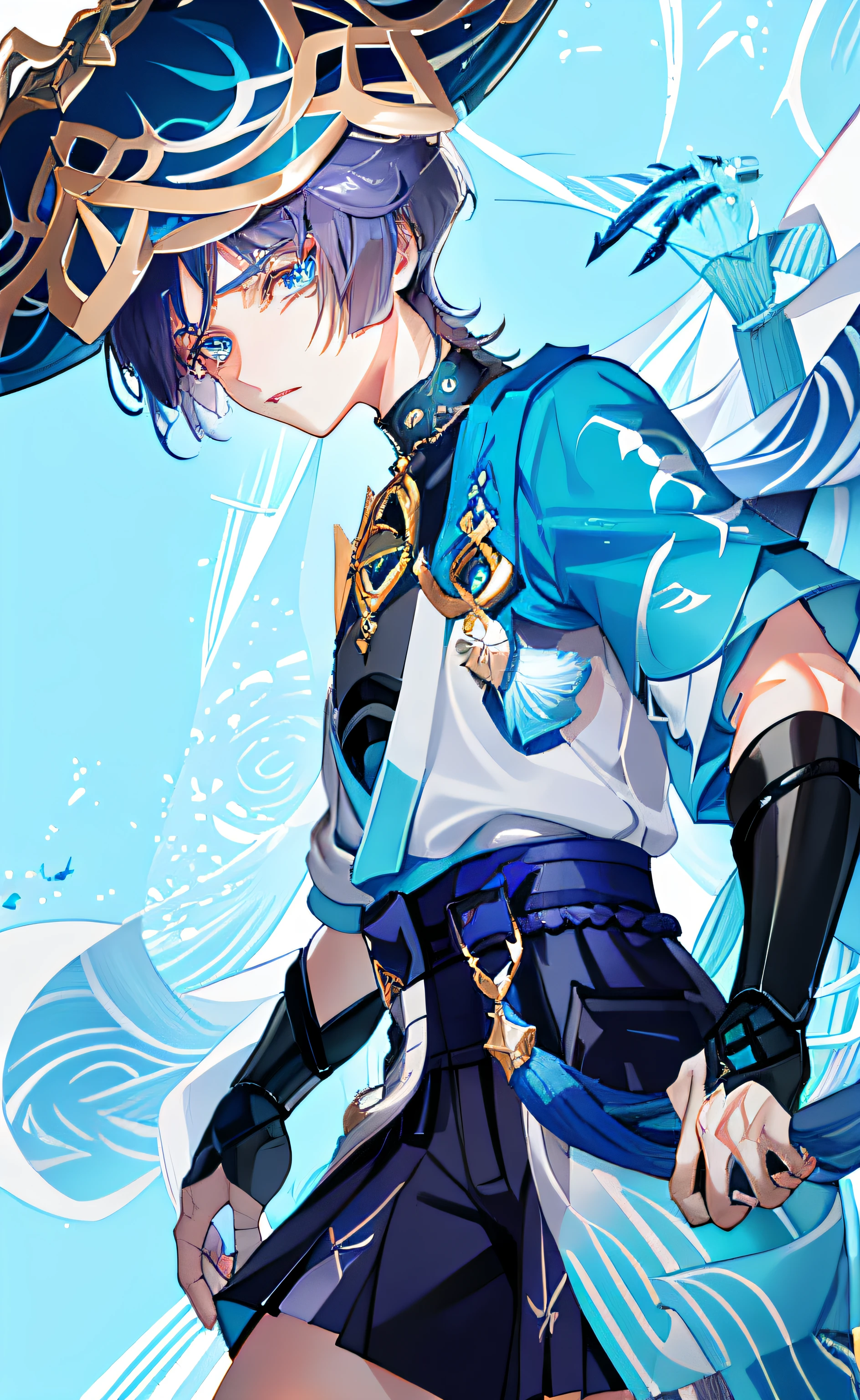 Anime character with blue hair and blue hat holding a sword, A scene from the《genshin impact》of wanderers, Genshin impact's character,, Genshin, Genshin Impact style, Tall anime guy with blue eyes,Evil eyes on green background