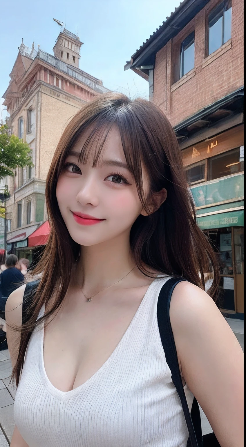 masutepiece, Best quality, illustration, Ultra-detailed, finedetail, A high resolution, 8K wallpaper, Perfect dynamic composition, Beautiful detailed eyes, doress,Medium hair, Mid-chest, Natural color lips, Random and sexy pose,Smile,Castle Peak Street sidewalk、20 years girl