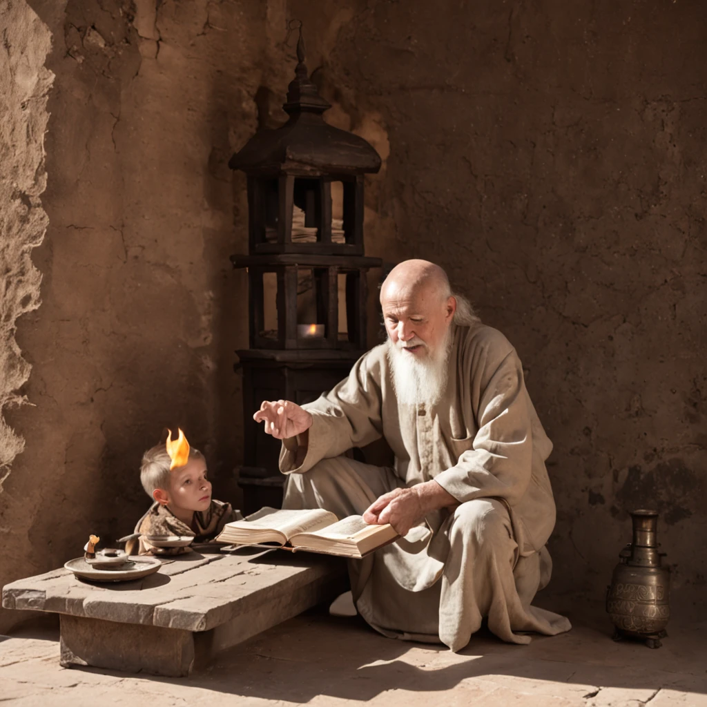 In an old palace, An old man holding an alchemy book is instructing a young man on how to practice the art. The young man wears a simple robe,Stand beside the old man. The old man had a mysterious smile on his face, There is also a faint smell of medicinal herbs in the air. On the wall hangs an ancient alchemy painting, Depicts a god holding a furnace used for alchemy.