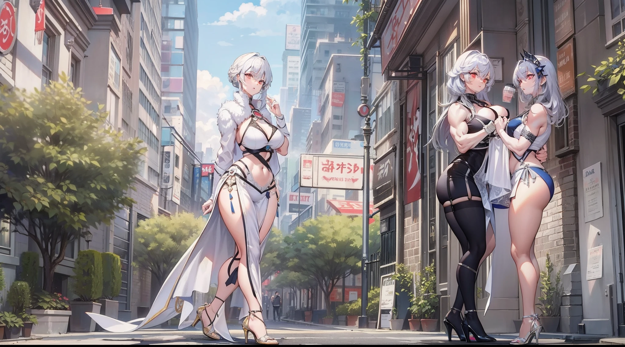 Very extreme strong+Beautiful and beautiful+Strong body+Muscular beautiful muscular girl,silber hair,The chest and hips are very huge,The bones are broad and thick,H cup enlarged,Hip circumference 124 cm,50cm extra high heels,The leg muscles are super developed,9 feet tall, And Shota stood on the ground next to her as a height comparison,New York mansion district in the background