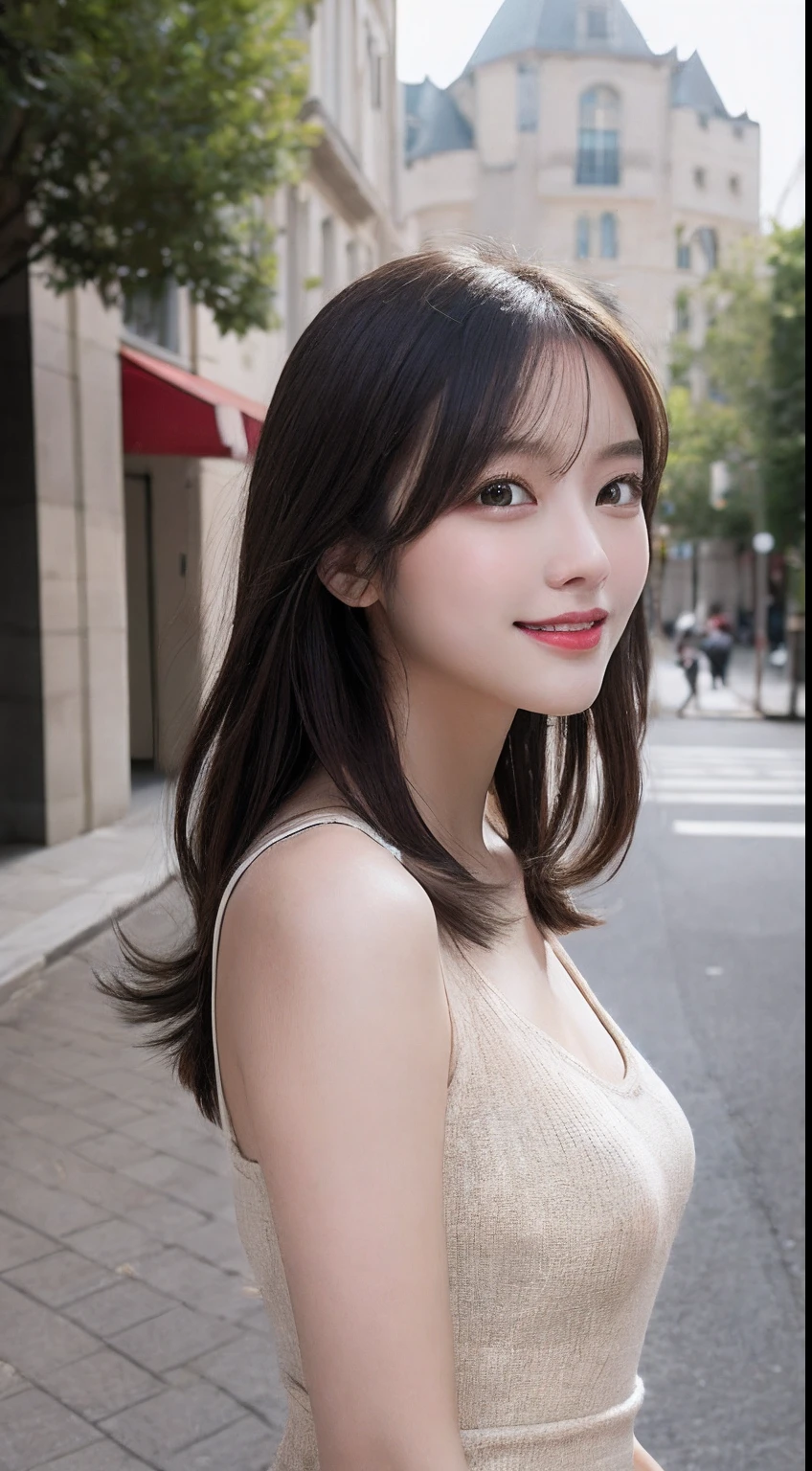 masutepiece, Best quality, illustration, Ultra-detailed, finedetail, A high resolution, 8K wallpaper, Perfect dynamic composition, Beautiful detailed eyes, doress,Medium hair, Mid-chest, Natural color lips, Random and sexy pose,Smile,Castle Peak Street sidewalk、20 years girl