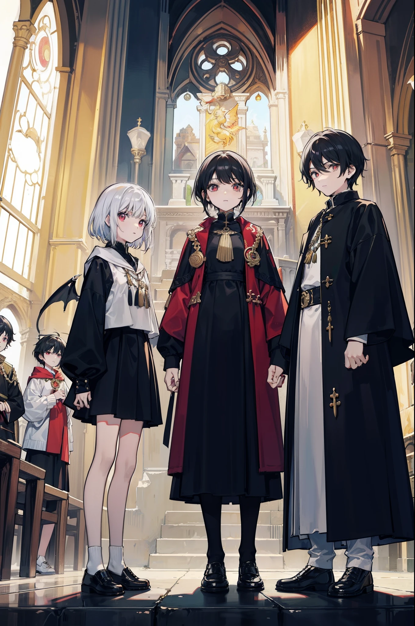 Dragon and phoenix fetus，Sister and brother，Younger brother with black hair，Older sister with white hair，The younger brother is 14 years old，My sister is 15 years old，Stand in front of the large bell of the church