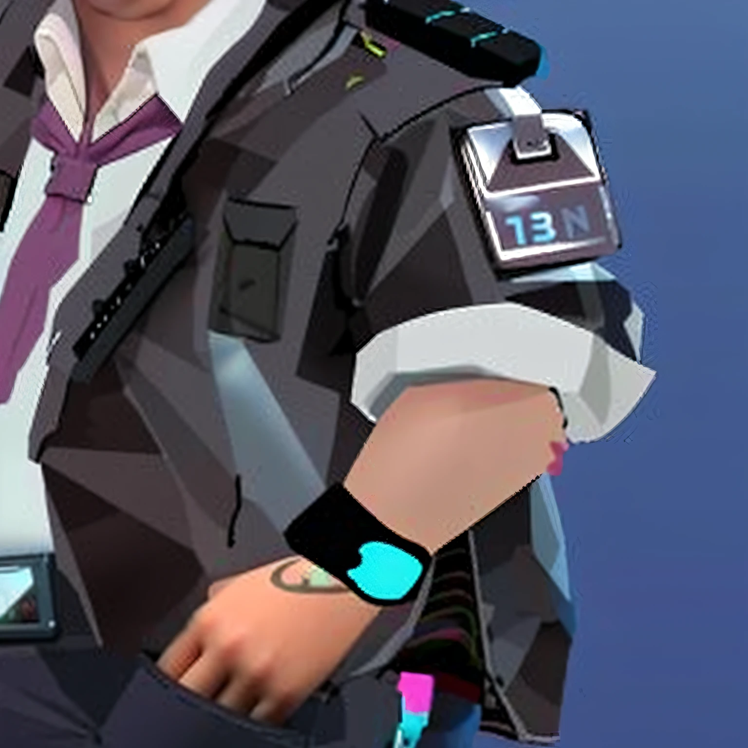 There was a man in a police uniform holding a mobile phone, heavy gesture style closeup, Cyberpunk accessories, character art closeup, low polygon, super detailed color lowpoly art, beaten tech. neo noir style, hyperdetailed crisp render, Character Design Police Man, Low poly style, Cyberpunk dude, heavily stylized, Avatar image, Don't wear leather,The material of the sunscreen clothing,Very thin fabric