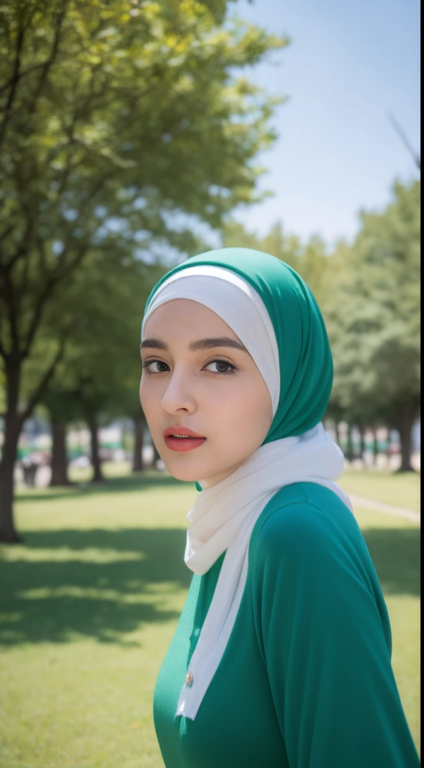 Araffe women,((Best Quality, 8k, Masterpiece:1.3))),1Girl, Solo, selfie:1.3, Beautiful Woman with Perfect Figure, wearing hijab, green headscarf, no hair seen, Teens, Detailed Eyes, Long Blue dress, Double Eyelids, outdoor, walking in the park, wearing a sneakers, right hand on cheek, shy expression,