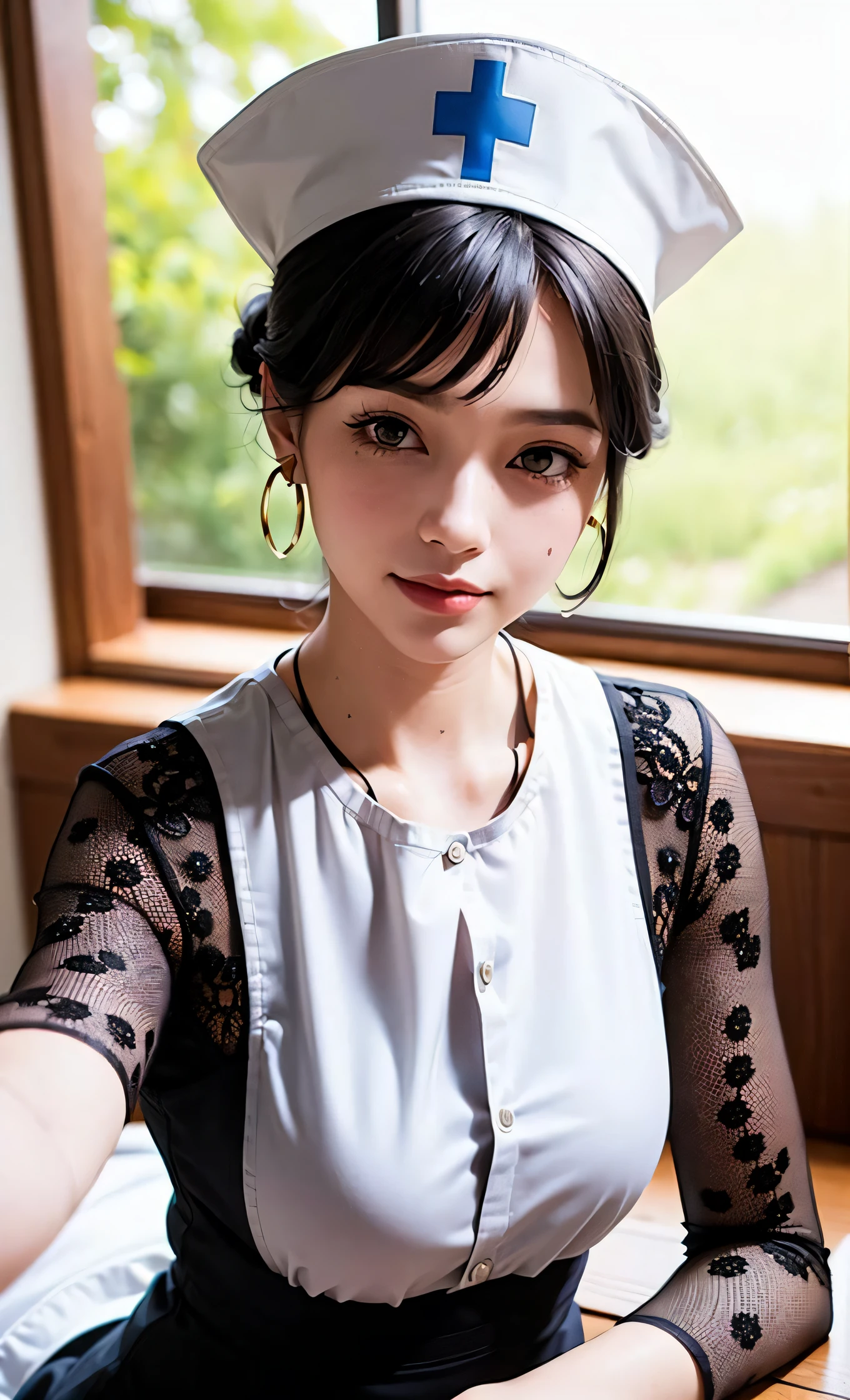 delicate, ((only upper half of body)), masterpiece, beautiful detailed, colourful, finely detailed, intricate details,detailed lips,elegance,pornography,(1 girl:1.1),solo, (a beautiful 20 age years old sexy girl:1.2), instagram, (kpop idol, korean mixed), (black hair+tied up:1.3), (50mm Sigma f/1.4 ZEISS lens, F1.4, 1/800s, ISO 100, photograpy:1.1), (photorealistic:0.8),(hospital:1.2), sunshine,standing,(sexy nurse, nurse cap :1.2),happy smile,earrings,