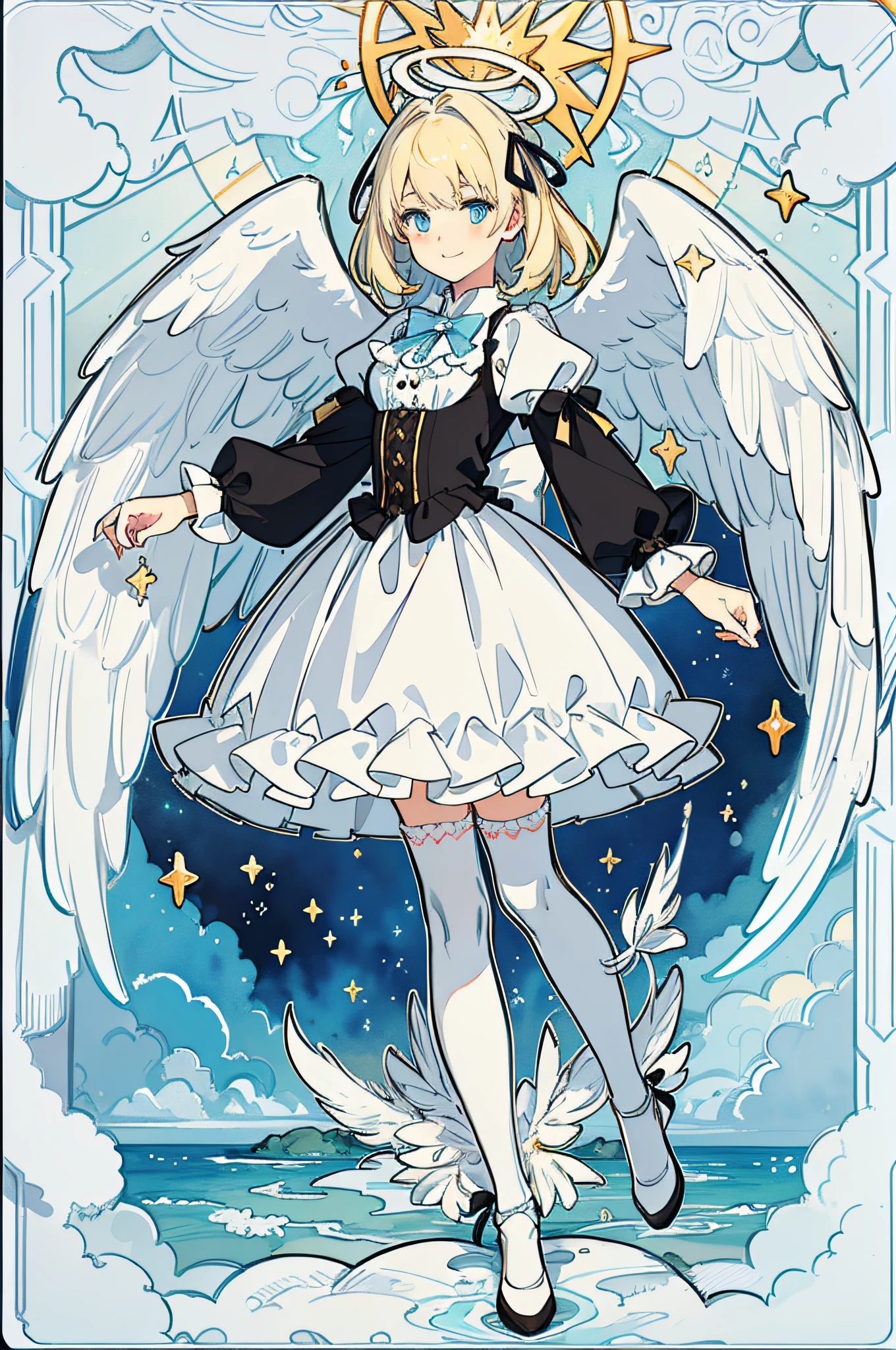 {{Masterpiece}}, (ultra - detailed)Goddess Angel, ((High quality Lolita, ribbon, White stockings)), (long whitr hair, golden hair, Light blue eyes, dual horsetail, angelic halo,adolable, ssmile),(Watercolor texture), (Masterpieces, Fantasy world, Hyper-Resolution), the sky background, Feather foreground