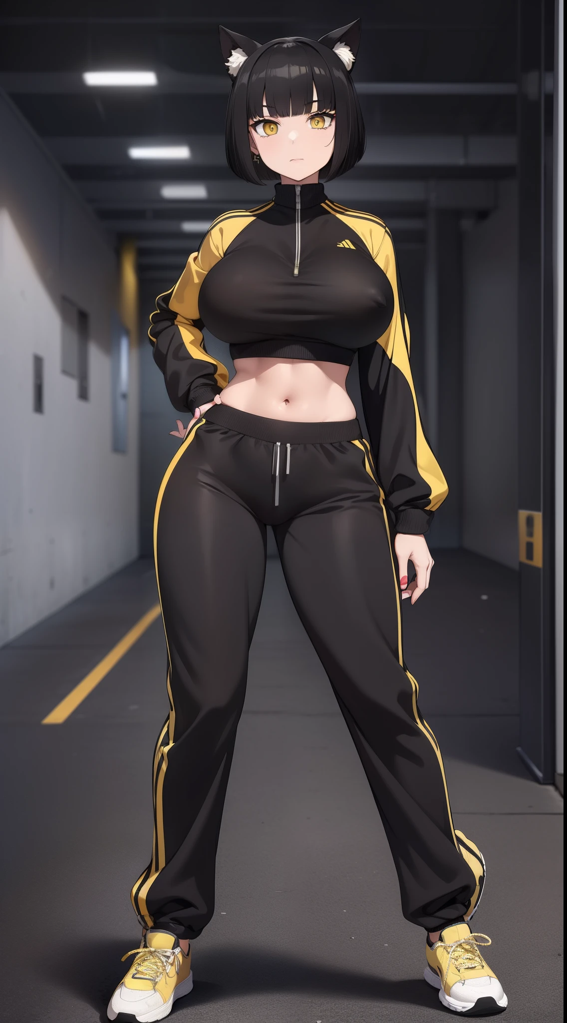 (masterpiece), best quality, perfect face, 1 girl, bob haircut, cat ears, black hair, yellow eyes, black-yellow tracksuit, looking at viewer, long black-yellow track pants, full body, adult, narrow eyes, detailed eyes, stomach showing, standing up, confident face, big tits,