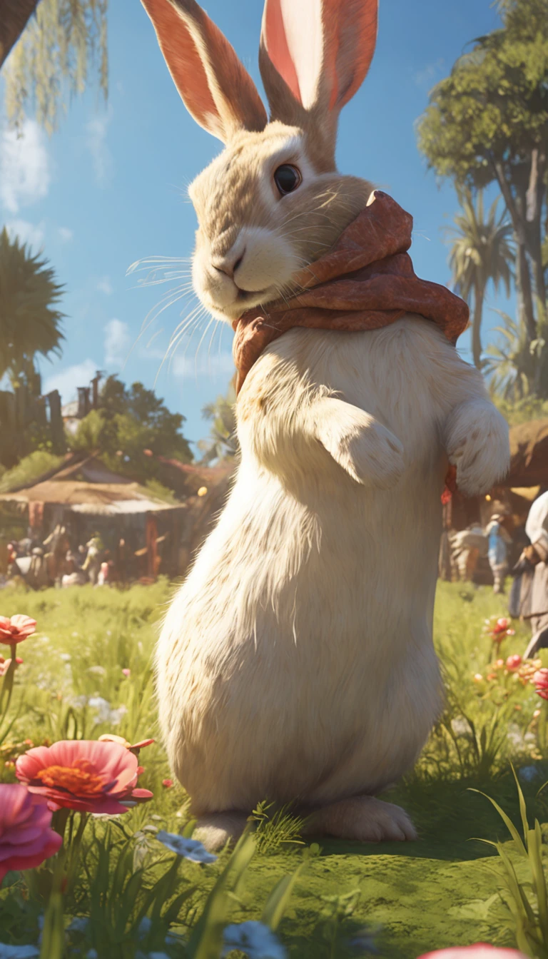 (Extremely detailed Cg Unity 8K wallpaper), Complete photo of the most beautiful artwork of fat rabbit in straw hat, Green meadow, Sunny day, Optimism, Professional majestic oil painting by Ed Blinkey, atey ghailan, by Ghibli Studio, author:Jeremy Mann, Greg Manchess, Antonio Moro, trending on artstationh, trending on CGSociety, Intricate, High detail, Sharp focus, Dramatic, photorealistic painting art by midjourney and greg rutkowski