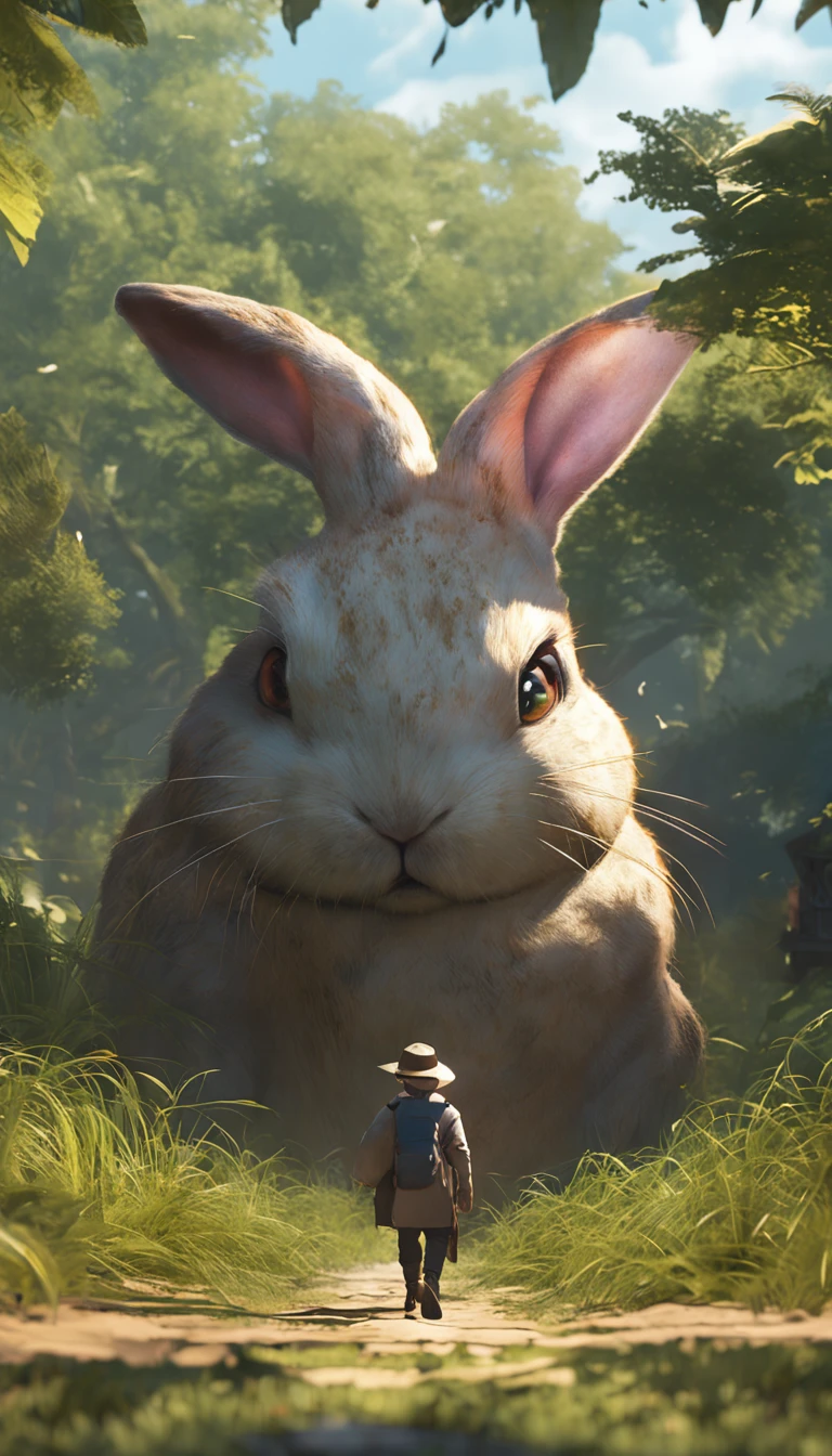 (Extremely detailed Cg Unity 8K wallpaper), Complete photo of the most beautiful artwork of fat rabbit in straw hat, Green meadow, Sunny day, Optimism, Professional majestic oil painting by Ed Blinkey, atey ghailan, by Ghibli Studio, author:Jeremy Mann, Greg Manchess, Antonio Moro, trending on artstationh, trending on CGSociety, Intricate, High detail, Sharp focus, Dramatic, photorealistic painting art by midjourney and greg rutkowski