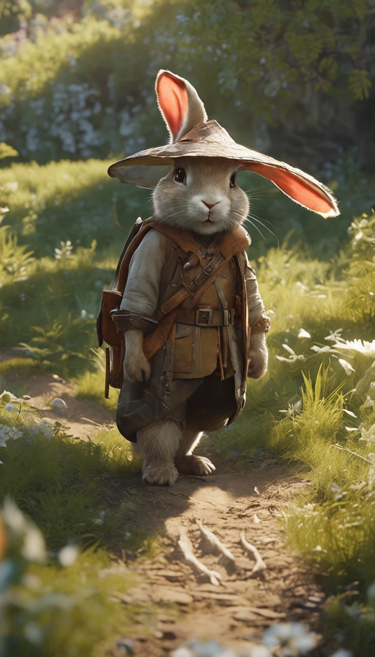 (Extremely detailed Cg Unity 8K wallpaper), Complete photo of the most beautiful artwork of fat rabbit in straw hat, Green meadow, Sunny day, Optimism, Professional majestic oil painting by Ed Blinkey, atey ghailan, by Ghibli Studio, author:Jeremy Mann, Greg Manchess, Antonio Moro, trending on artstationh, trending on CGSociety, Intricate, High detail, Sharp focus, Dramatic, photorealistic painting art by midjourney and greg rutkowski