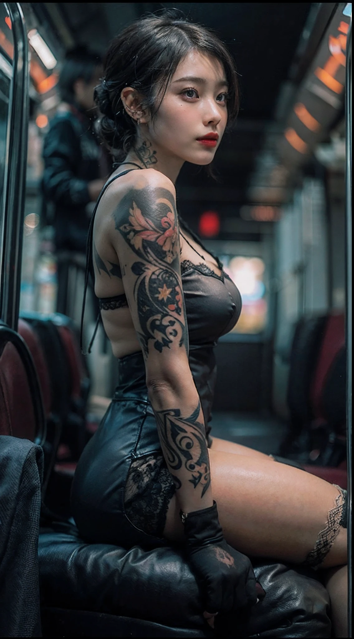 (full bodyesbian:1.5),((Girl):1.4),(view the viewer:1.4),(anatomy correct:1.3),(sitting on a bus:1.2),(Black sexy lace V-neck dress :1.2),((Black stockings):1.3),( Girls pointed-toe thick heels :1.1),(foot ring:1.3),(Accurate and perfect face:1.3),(Tattoos with a large area of the whole body,tattoos on the arms,Tattoo on the chest,leg tattoos),hyper HD, Ray traching, reflective light, structurally correct, Award-Awarded, High detail, Fade-in and fade-out shadow contrast, Face lighting ,Cinematic lighting, Masterpiece, super detailing, High quality, High detail, Best quality, 16k,High contrast,