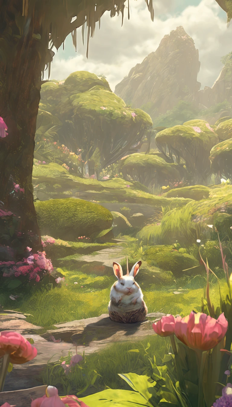 (Extremely detailed Cg Unity 8K wallpaper), Complete photo of the most beautiful artwork of fat rabbit in straw hat, Green meadow, Sunny day, Optimism, Professional majestic oil painting by Ed Blinkey, atey ghailan, by Ghibli Studio, author:Jeremy Mann, Greg Manchess, Antonio Moro, trending on artstationh, trending on CGSociety, Intricate, High detail, Sharp focus, Dramatic, photorealistic painting art by midjourney and greg rutkowski