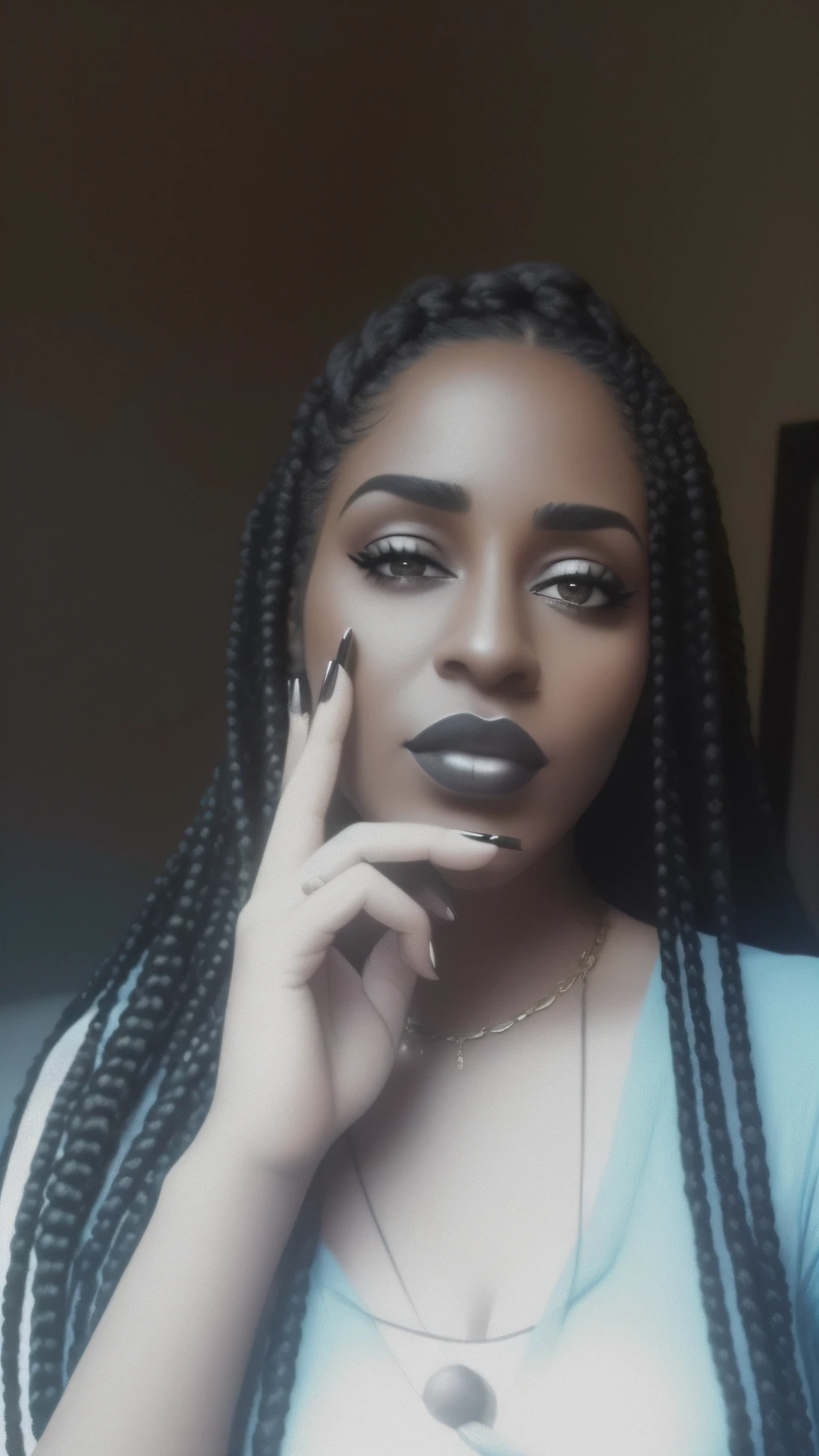 There's a woman with long hair talking on her cell phone, ☁🌪🌙👩🏾, Mulher de 30 anos de Cuba, imagem de perfil, Aida Muluneh, foto de uma mulher negra, jovem mulher negra, mulher jovem negra, thick lips, selfie de uma jovem mulher, com pele parda, long black braids