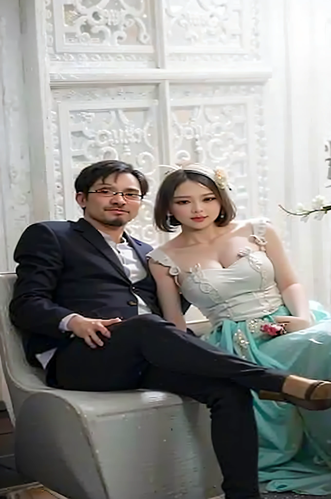there are two people sitting on a chair together in a room, duy beni serial, wedding, lovely couple, tyler edlin and natasha tan, dang my linh, ruan jia and fenghua zhong, with her long, wedding photo, night!, barabas miklos and hollosy simon, natasha tan maciej kuciara