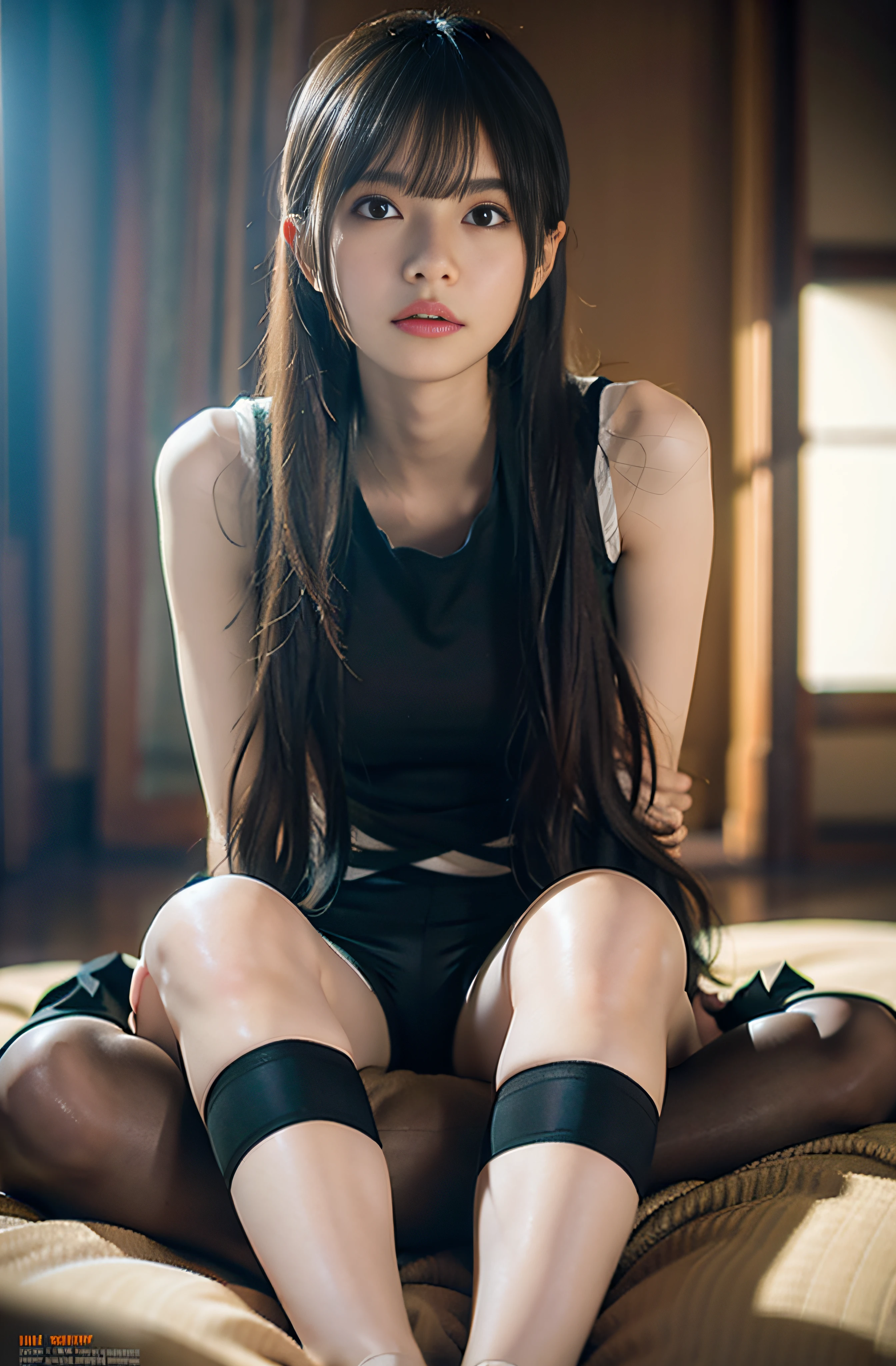 masterpiece, masterpiece, best quality, best quality, real, unity, 8k wallpaper, official art, highly detailed cg unity 8k wallpaper, ulzzang-6500, (original: 1.2), (real: 1.4), ultra detailed, high resolution, ultra detail,fantastic, fine detail, cinematic lighting, ((Long black spandex shorts: 1.37)), ((Less exposed thighs:1.2)), red ninja costumes, ninja, simple costumes, (8k, RAW photos, top quality, masterpiece: 1.27), (realistic, photorealistic: 1.37), one girl, cute, professional lighting, physically based rendering, handsome, masterpiece, top quality, high resolution, bed, sitting on knees.