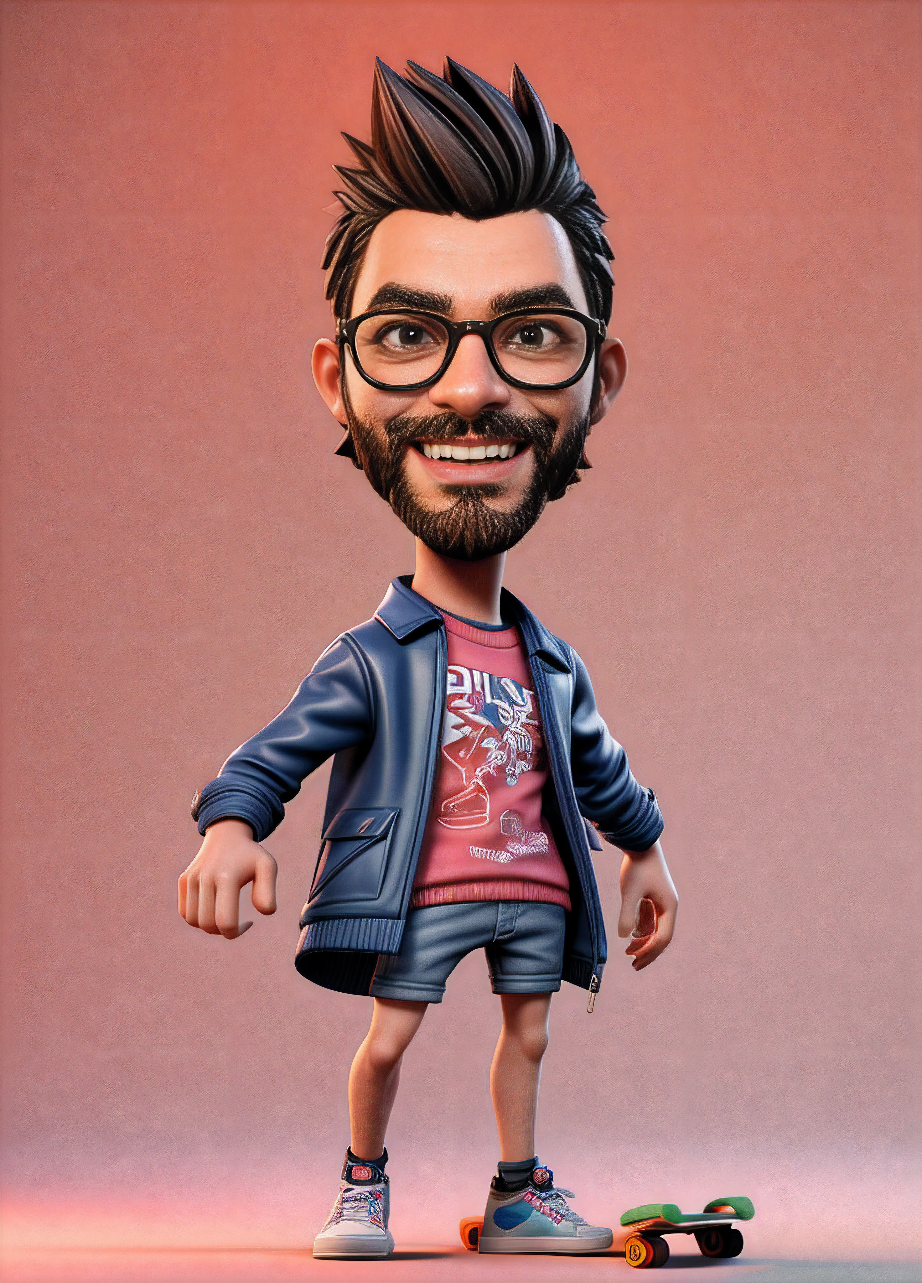 Cartoon man with beard and glasses on a skateboard, 3 d demo carretel avatar, Personagem 3D, Personagem 3D, Artista 3D, charicatura, estilo caricatura, 3 d character render, Personagem altamente detalhado, para alugar artista 3d, caricature illustration, toon rendering, 3 d illustration, 3 d illustration, Personagem 3d realista, 3 d render stylized