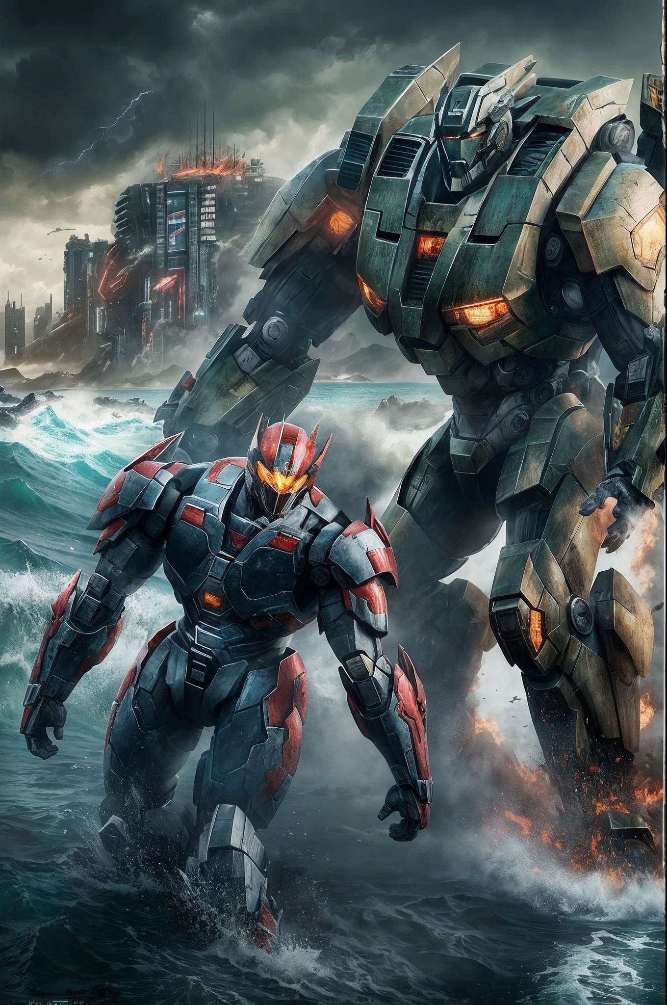 "Pacific Rim: Epic confrontation of colossal monsters and advanced mechs with breathtaking visual effects, batalhas intensas, CGI alucinante, explosive action sequences, Immersive World Building, Exciting ocean scenery, Tecnologia futurista, poderoso Jaegers, Kaijus imponente, massive destruction, Pilotos heroicos, Lutas que enchem adrenalina, Apocalyptic Showdown, cinematic masterpiece."