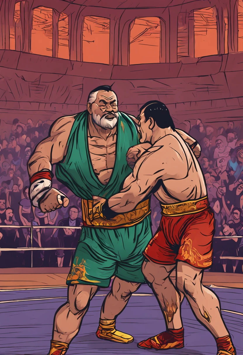 A wrestling duel between two middle-aged Chinese men，age 55，Shirtless and bare shoulders，One is green shorts，One is blue shorts，The site is a field