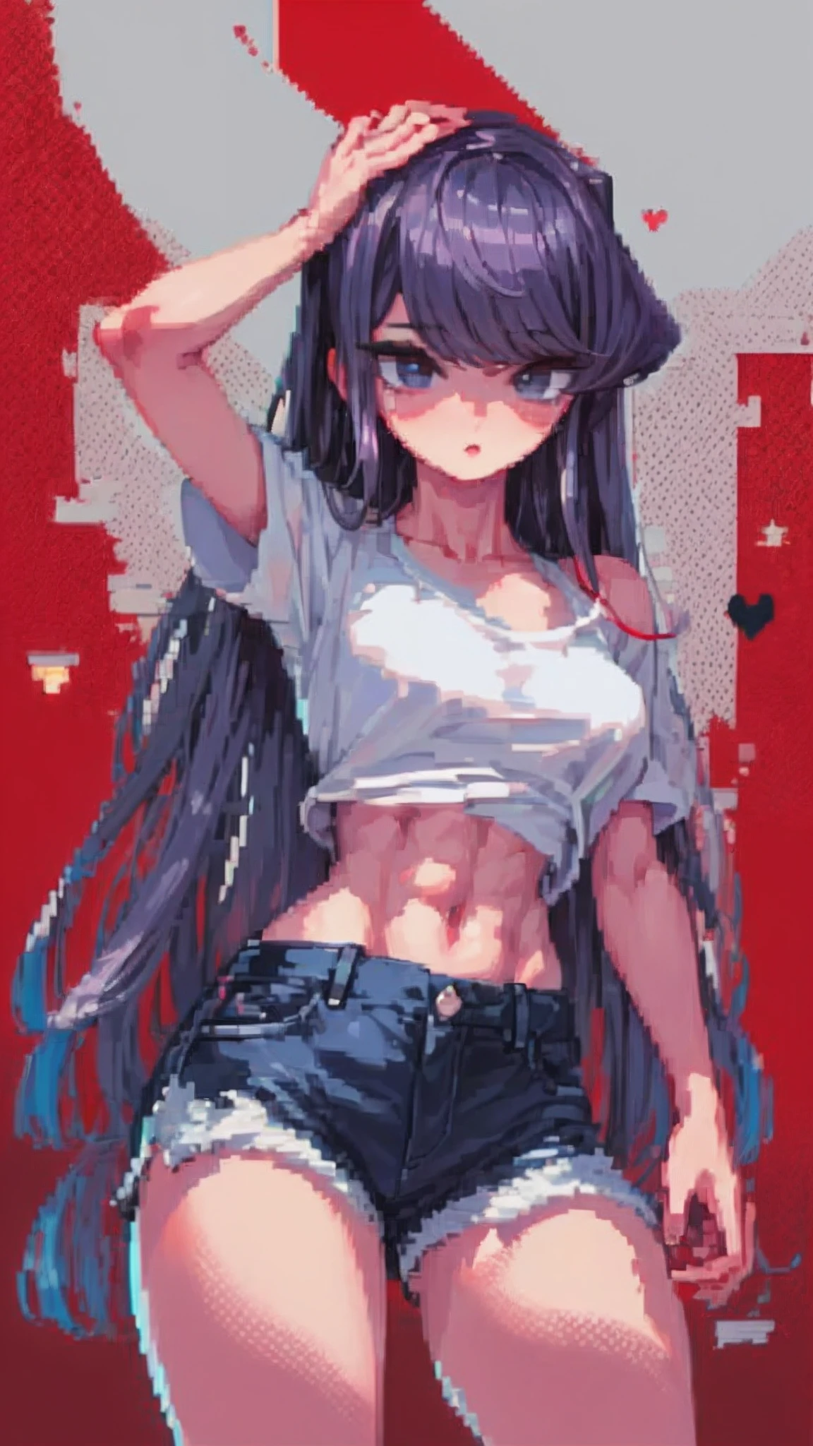 komi shouko,pixal style ,(A white border around a dark red rectangular background:2.5),The shirt,Abs,cropped shoulders,C cup,Ultra shorts,black lence stockings,High detail,Moles under eyes, Heart-shaped pupils,Love pupils,Fleshy thighs,highly rendered,detailed face with