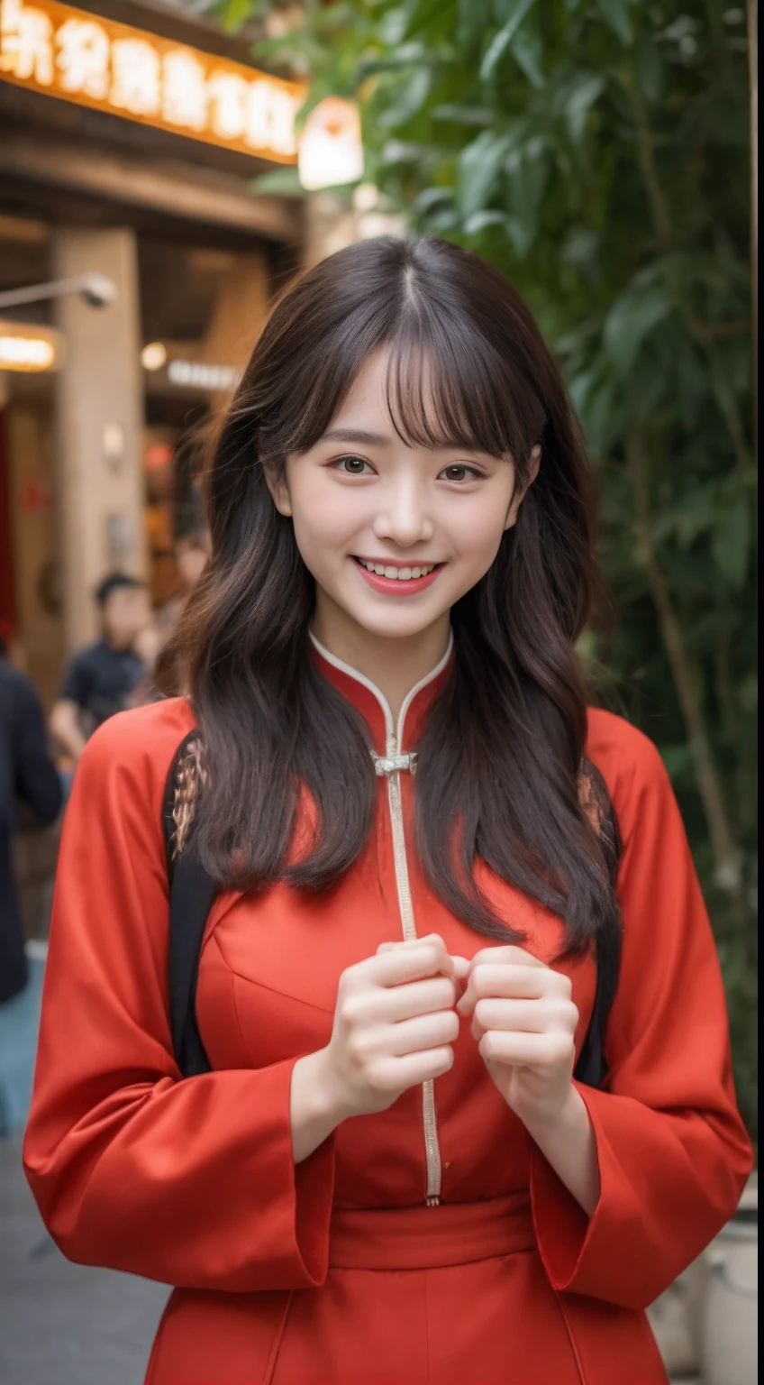 ((Best quality,8K quality,Master photography:1.3))Slim Chengdu woman,Travel in Guilin,Lively streets,Dressed in national costume,Guilin Elephant Trunk Mountain Area,Laugh happily。二重まぶた,Delicate lips,black color hair,Slim fingers