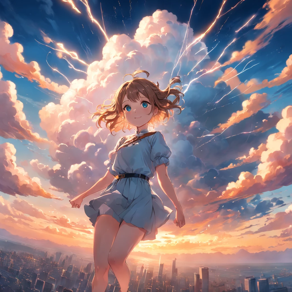 "Create a masterpiece photo with the best quality that resembles a movie still. The focus is on a girl, known as the cloud girl, floating in the sky. Capture a close-up shot with a bright and happy atmosphere, enhanced with warm soft lighting during sunset. Add sparks with a weight of 0.7 to make the scene more enchanting."