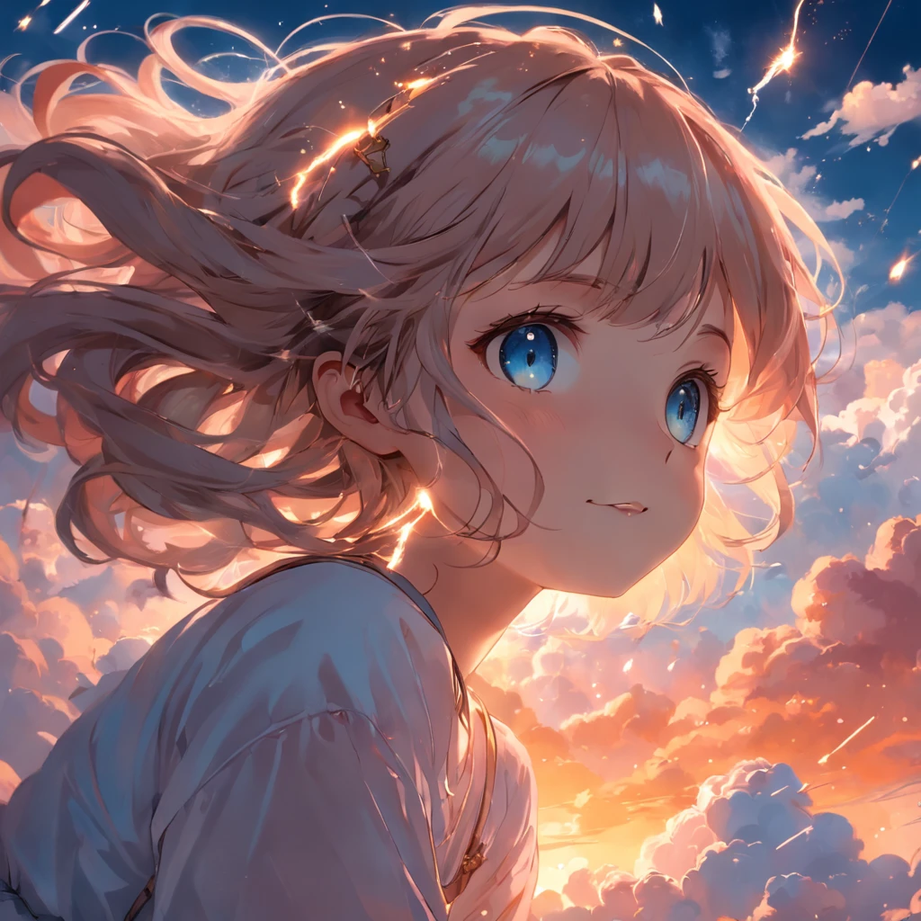 "Create a masterpiece photo with the best quality that resembles a movie still. The focus is on a girl, known as the cloud girl, floating in the sky. Capture a close-up shot with a bright and happy atmosphere, enhanced with warm soft lighting during sunset. Add sparks with a weight of 0.7 to make the scene more enchanting."
