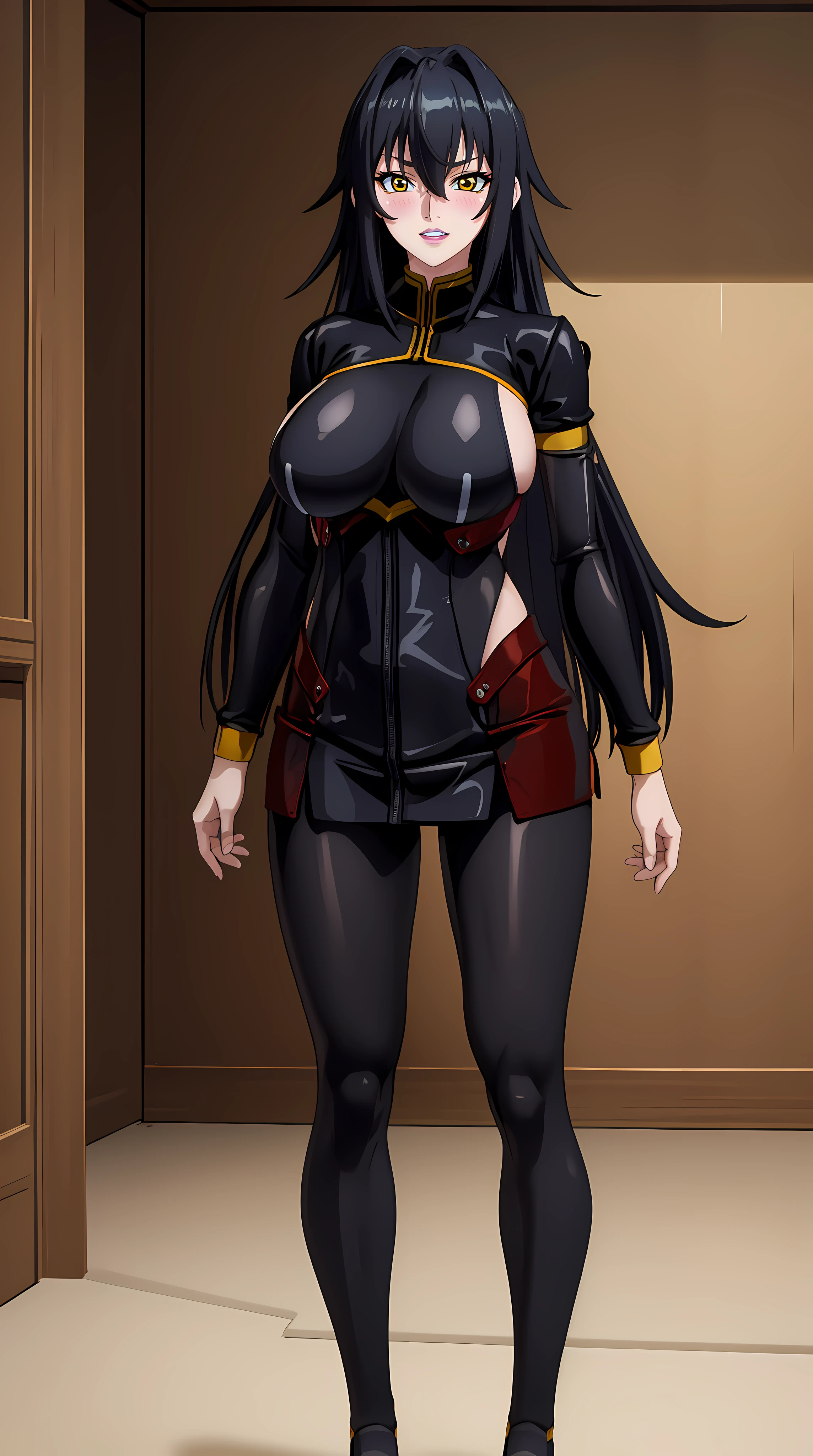professional artwork, Intricate Details, sharp focus, detailed painting, photorealistic lighting, trending on pixiv, Standing at attention, ((black outfit ,yellow collared shirt,black and red bodysuit,skin_tight,black legwear, black pantyhose, Side_boob)), (((fully suited:1.5))) black hair,very long hair, Bangs,yellow eyes,makeup, lipstick, 40yo,mature female,Beautiful Finger,Beautiful long legs,Beautiful body,Beautiful Nose,Beautiful character design, perfect eyes detail, perfect face, looking at viewer,official art,extremely detailed CG unity 8k wallpaper, perfect lighting,Colorful, Bright_Front_face_Lighting, (masterpiece:1.0),(best_quality:1.0), ultra high res,ultra-detailed, photography, 8K, HDR, highres, absurdres:1.2, Kodak portra 400, film grain, blurry background, bokeh:1.2, lens flare, (vibrant_color:1.2) (Beautiful,large_Breasts:1.4), (beautiful_face:1.5),(narrow_waist), (solo:1.4), ((cowboy shot:1.4, closeup)), annerose:1, (blushing, shy, tsundere:1),