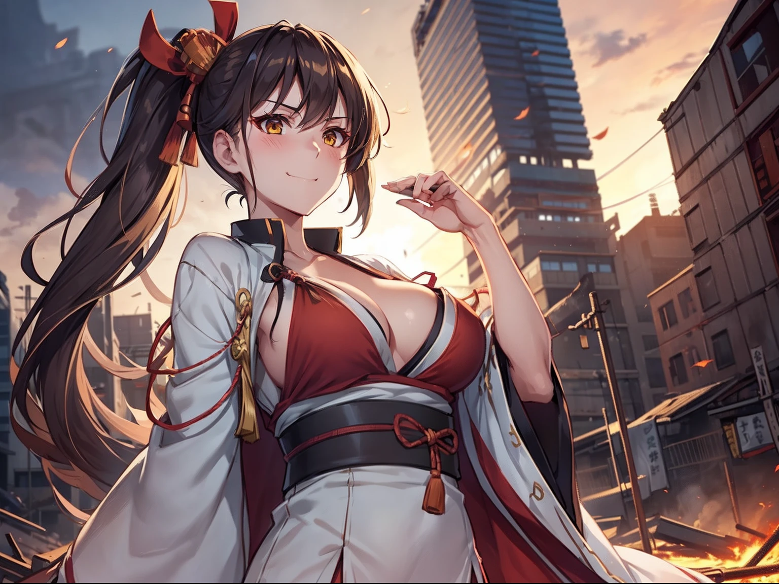 1girl,Zuikaku in Okita Souji costume,gigantic breasts,superhero pose,standing in ruined city,smoke,(8k),scratches,detailed face,brown hair,yellow eyes,very long hair,embarassed,small smile face, side ponytail,orange eyeshadow,hair ornament,