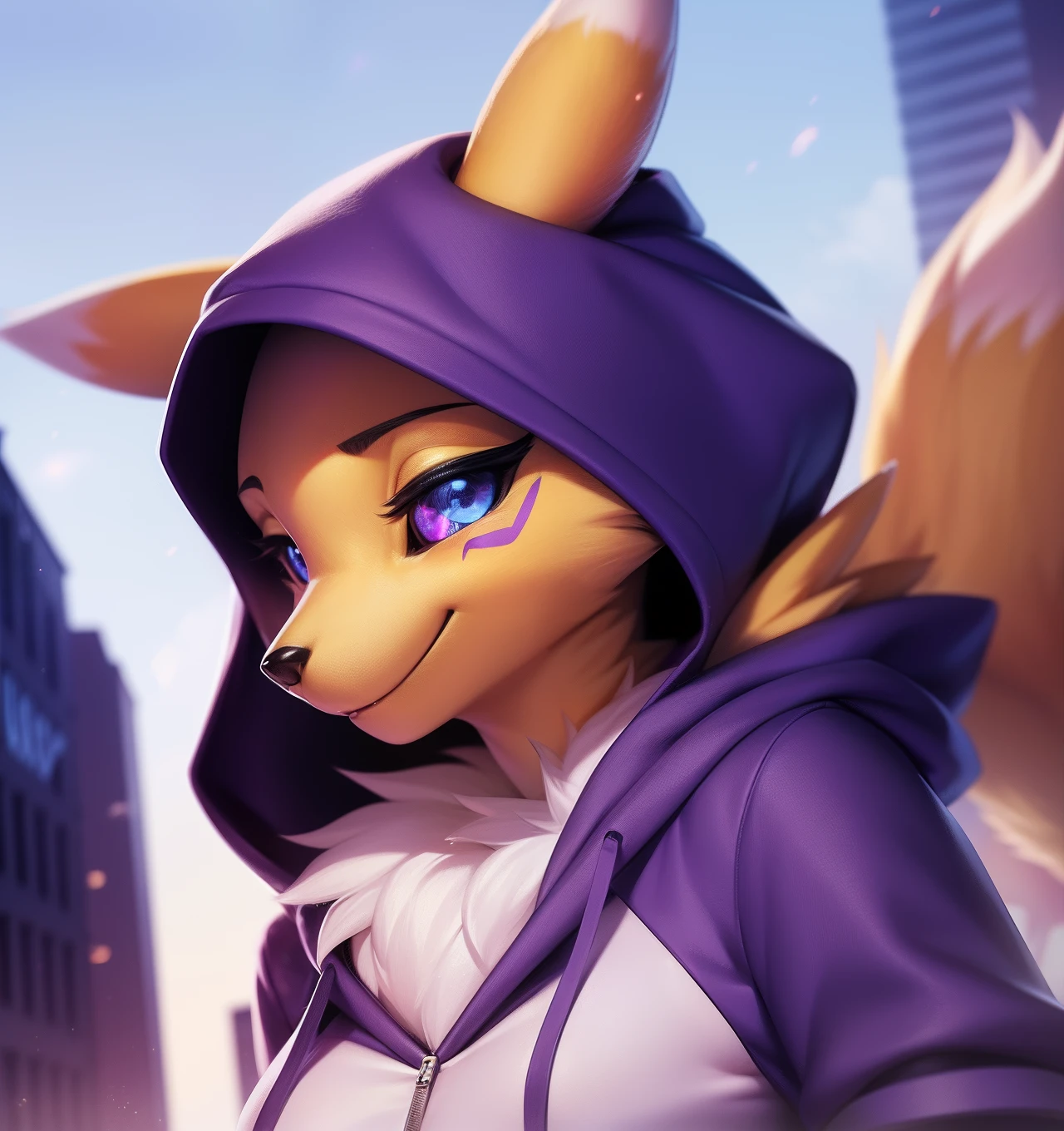 renamon, furry female, anthro, fox girl, portrait, close-up,  (hoodie:1.2),  fur trim, solo, (body fur:1.2), (best quality), (detailed urban background:1.2), dramatic lighting, (detailed fluffy fur:1.1), looking at viewer,