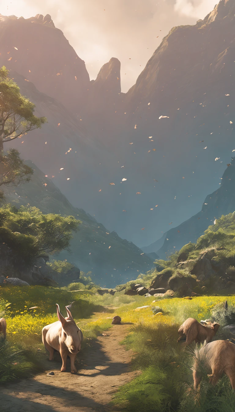 (Extremely detailed Cg Unity 8K wallpaper), Complete photo of the most beautiful artwork of fat rabbit in straw hat, Green meadow, Sunny day, Optimism, Professional majestic oil painting by Ed Blinkey, atey ghailan, by Ghibli Studio, author：Jeremy Mann, Greg Manchess, Antonio Moro, trending on artstationh, trending on CGSociety, Intricate, High detail, Sharp focus, Dramatic, photorealistic painting art by midjourney and greg rutkowski