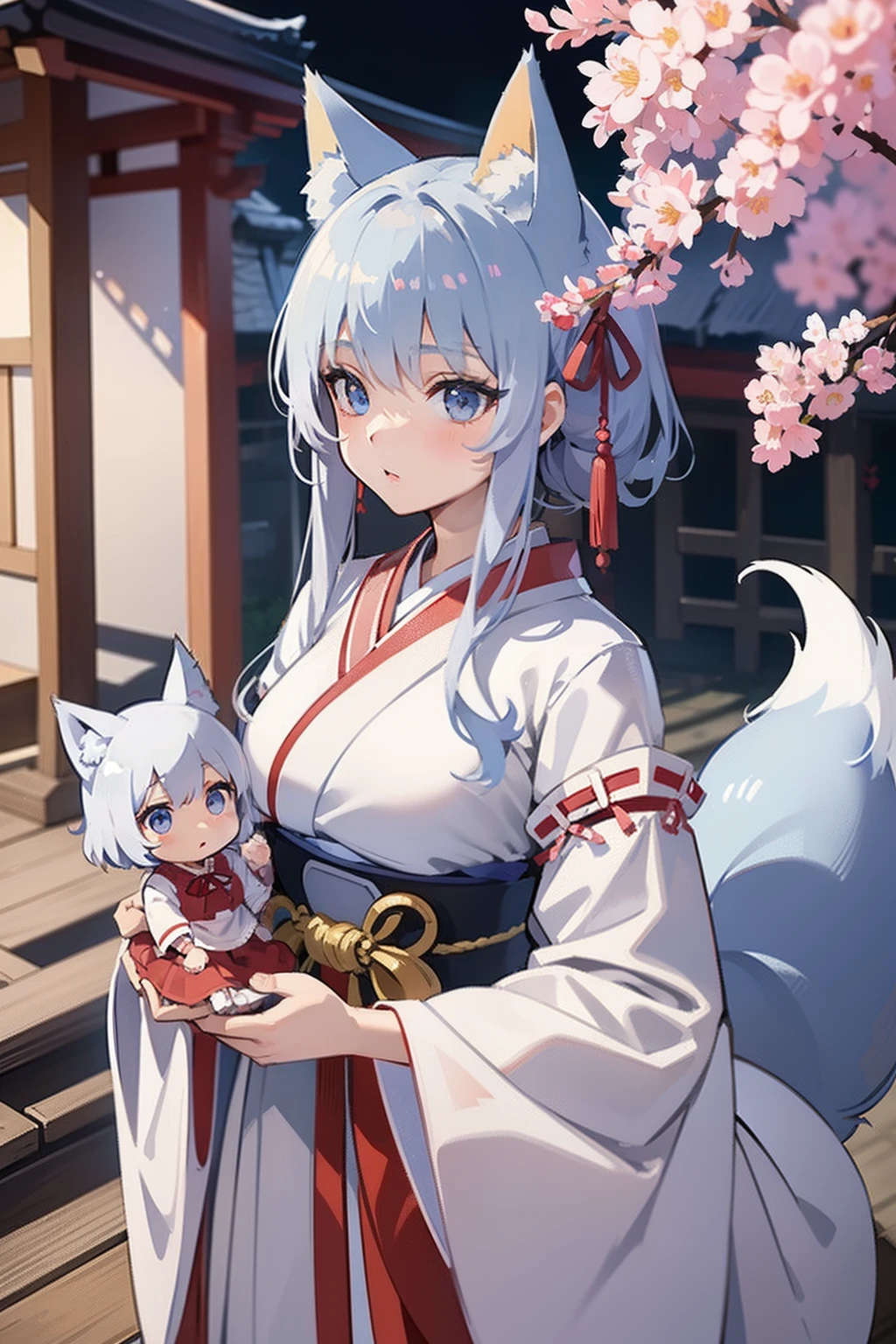 Lori、14years 、Height 149cm、Best Quality、Show from head to waist、Japanese dress、shrine maiden、a baby face、Rounded face、Short stature、large full breasts、Glossy long silver color、Large ribbon、light blue  eyes、kawaii、((Fox ears))、Fox tail、Lonely shrine、Looking up at the very big cherry blossoms