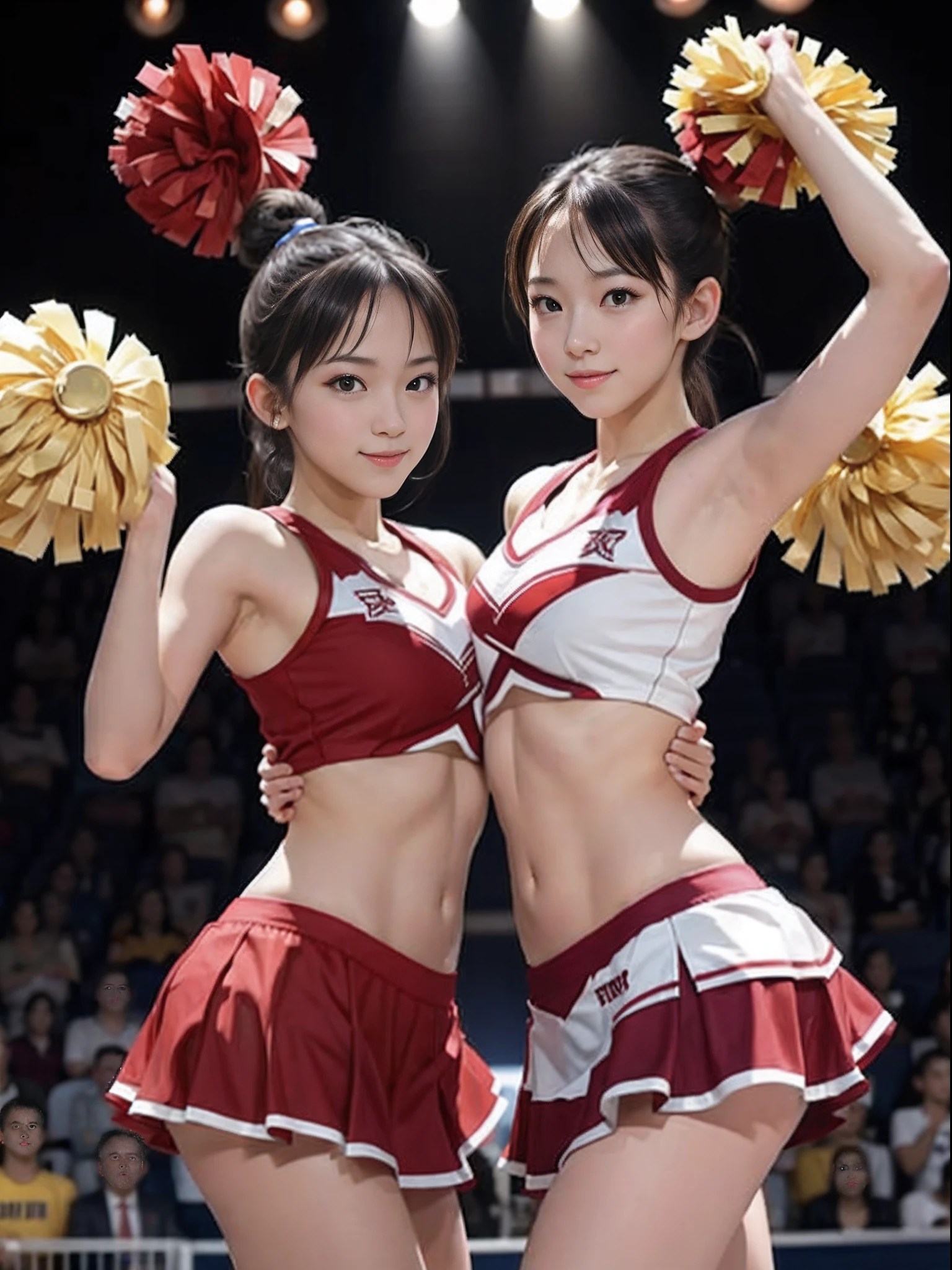 Beautiful cheerleaders are dancing on stage