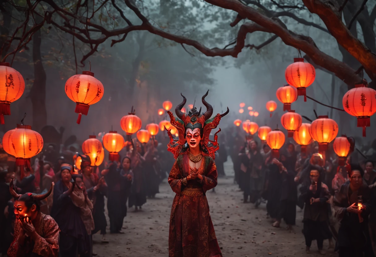 "A mesmerizing and haunting portrayal of the 'Night Parade of One Hundred Demons' – a masterpiece with impeccable quality, depicting a mystical and ethereal atmosphere. Capture the essence of the parade with intricate details, immersive lighting and shadows, vibrant colors, and dynamic angles. Showcase a diverse range of supernatural creatures and spirits, each with their unique characteristics and expressions. Emphasize the mesmerizing glow of lanterns, the eerie ambiance of moonlight, and the mystique of mist and fog. Transport the viewer to a world filled with otherworldly wonders, where ancient folklore comes to life and the boundary between reality and fantasy blurs."