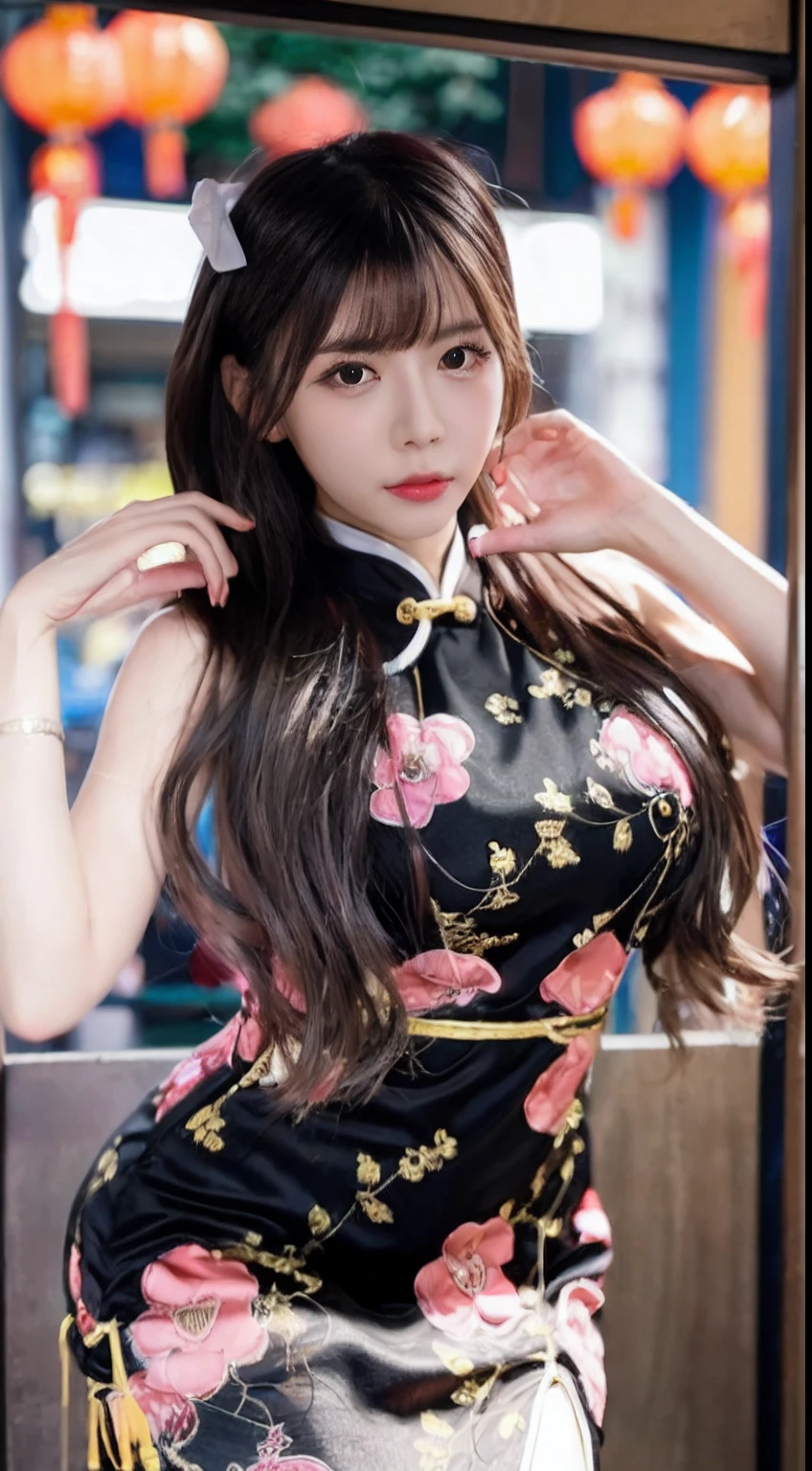 1girl in ,(qipao dress),Colossal tits, wide open cleavage,(( Character Play)),((Chinatown)) , (Black long-haired),((looking to camera)), High resolution,Highly detailed, looking to camera,Keep your hands above your head、Composition from below、appearance々Posing