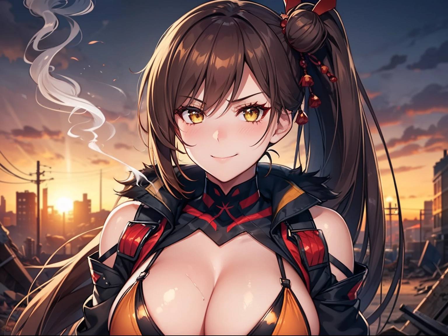1girl,Zuikaku in Venom costume,gigantic breasts,superhero pose,standing in ruined city,smoke,(8k),scratches,detailed face,brown hair,yellow eyes,very long hair,embarassed,small smile face, side ponytail,orange eyeshadow,hair ornament,