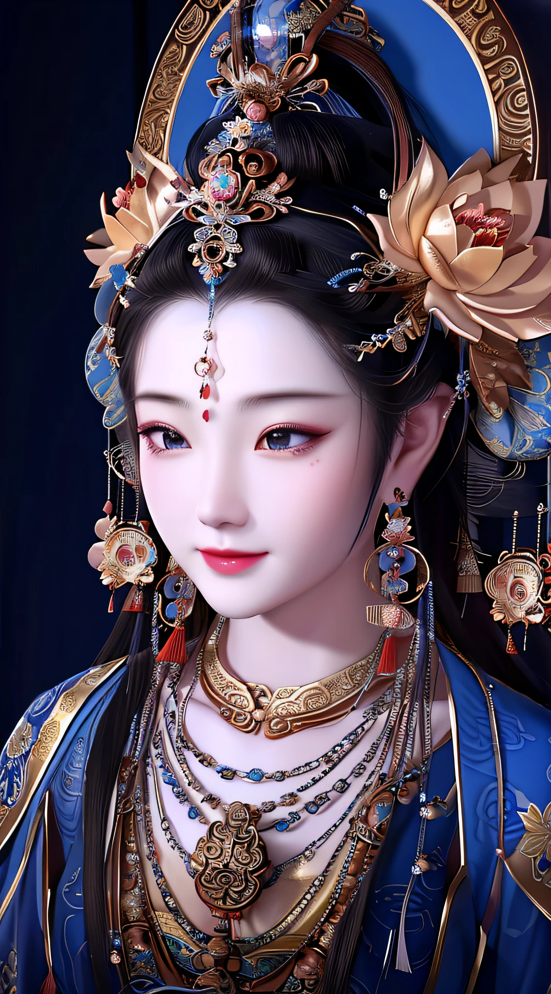 a close up of a woman with a blue dress and a flower in her hair, ancient chinese goddess, ancient chinese beauties, guanyin, guanyin of the southern seas, a stunning portrait of a goddess, beautiful image, ancient china art style, contented female bodhisattva, traditional chinese, chinese empress, portrait of a beautiful goddess