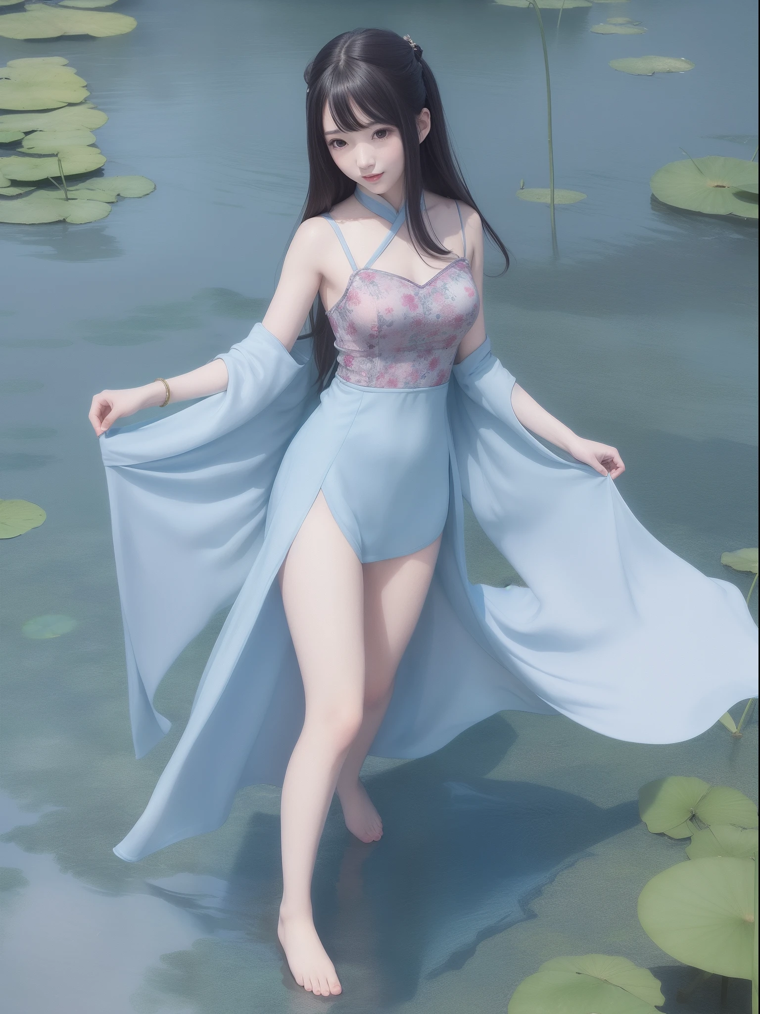 ((4k,masterpiece,best quality)), shuimobysim, traditional chinese ink painting, short dress,bold dress,bra,pantties,lotus, hanfu, maxiskit, dress conservatively
1girl, solo, long blue hair, smile, standing, feet in the water, barefoot,