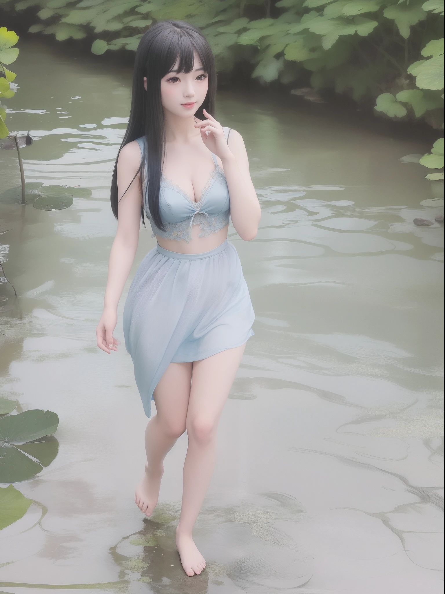 ((4k,masterpiece,best quality)), shuimobysim, traditional chinese ink painting, short dress,bold dress,bra,pantties,lotus,  hanfu, maxiskit, dress conservatively
1girl, solo, long blue hair, smile, standing, feet in the water, barefoot,