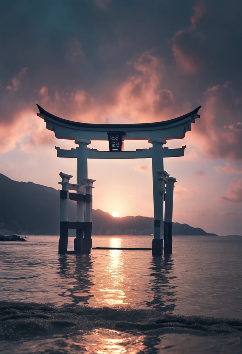 White torii gate on the sea、blue-sky