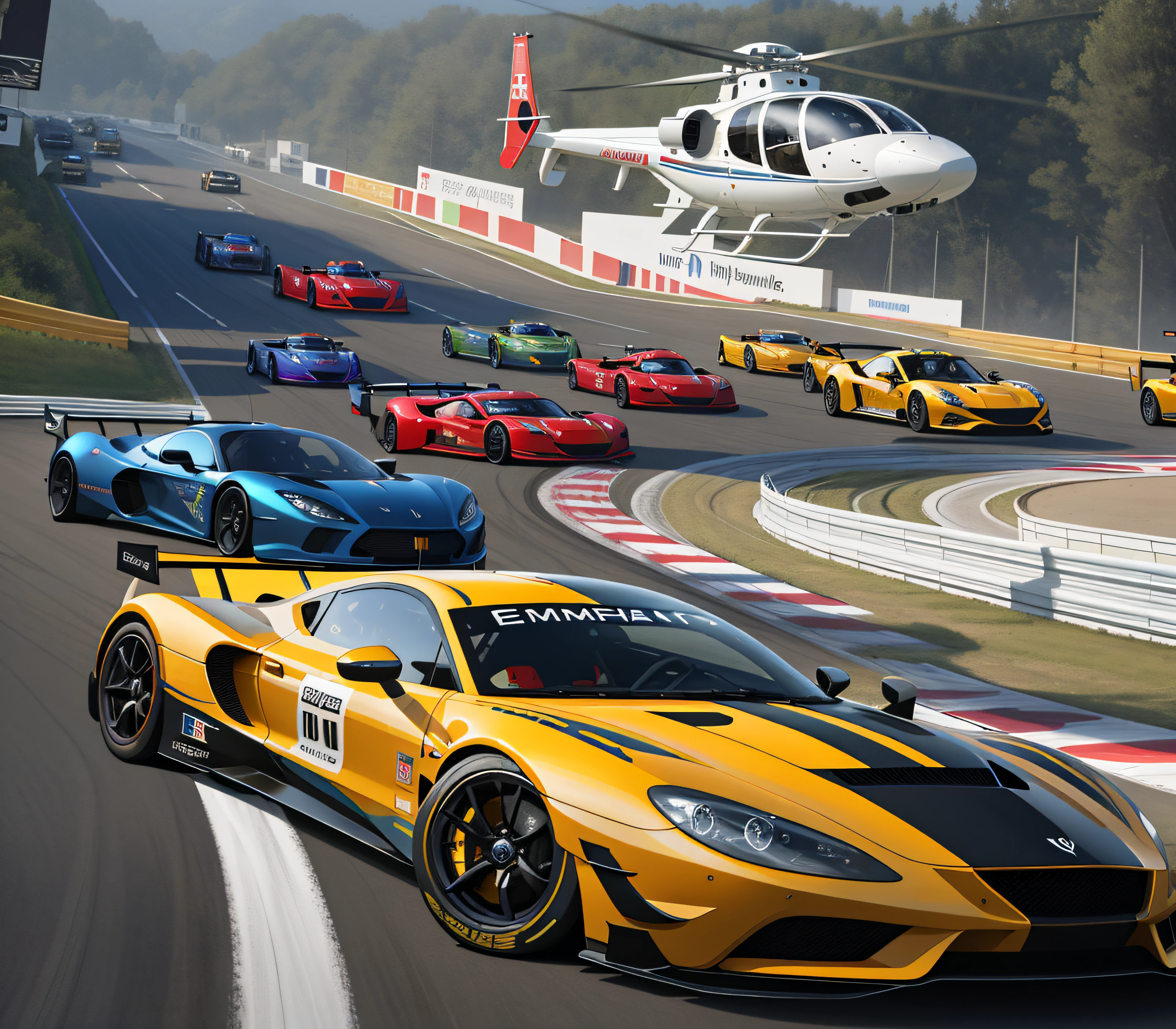 Race on the Alafeld circuit，The helicopter flew overhead, Many exotic cars, massive vertical grand prix race, CG art, realistic cars, powers, Game CG, Official artwork, ethnicity, pc screenshot, background artwork, masterpiece concept art, concept art artwork masterpiece, race track background, Sports cars, In Francford thermos, Game illustration, album，surrealism, Verism, Chiaroscuro, Cinematic lighting, Ray tracing, reflective light, hyper HD, retinas, Masterpiece, ccurate, Super detail, High details, High quality, Award-Awarded, Best quality, A high resolution, 8K