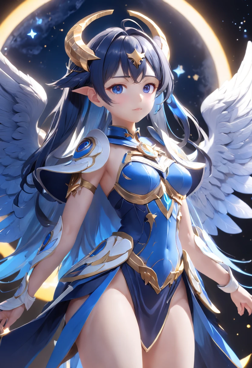 Decorate the young moon goddess,Wearing a sparkling dark blue fantasy moon shield,There are wings and gentle facial features, White glowing angel wings, Bright lights and sparkles, Anime goddess, unreal engine rendered + A goddess, 3-D rendering of character art 8K, render of a cute 3d anime girl, Art germ, 3d unreal engine, The anime is very detailed, 8k high-quality detailed art, Goddess. Extremely high level of detail, photorealistic anime girl rendering, Goddess of Light,