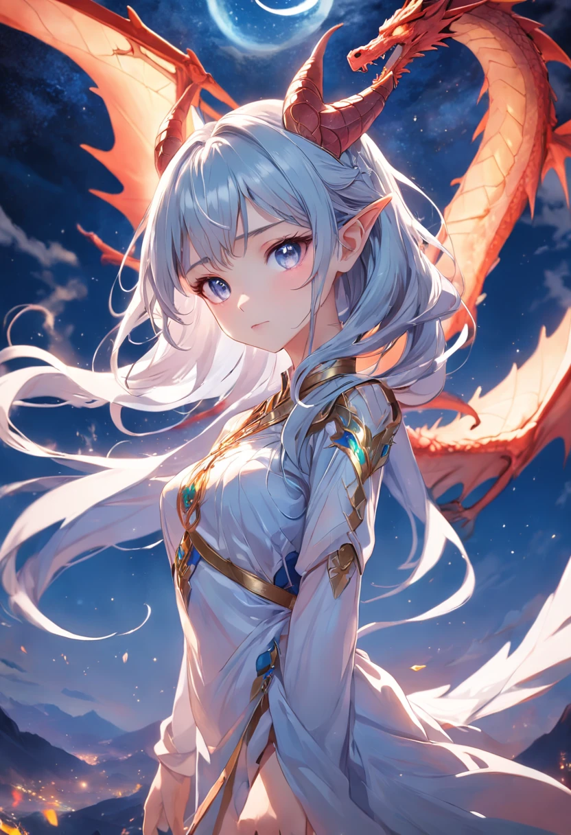 Explore"Dragon Maiden"Unique charm，A beautiful girl of the ancient wind dragon clan,Heterochromia in both eyes,Slender and delicate body,A flowing posture suspended in the air,Brilliant dragon scale skin,Dragon wings unfold,The night sky is shining with stars,Dancing elves,It's like a fairytale wonderland。