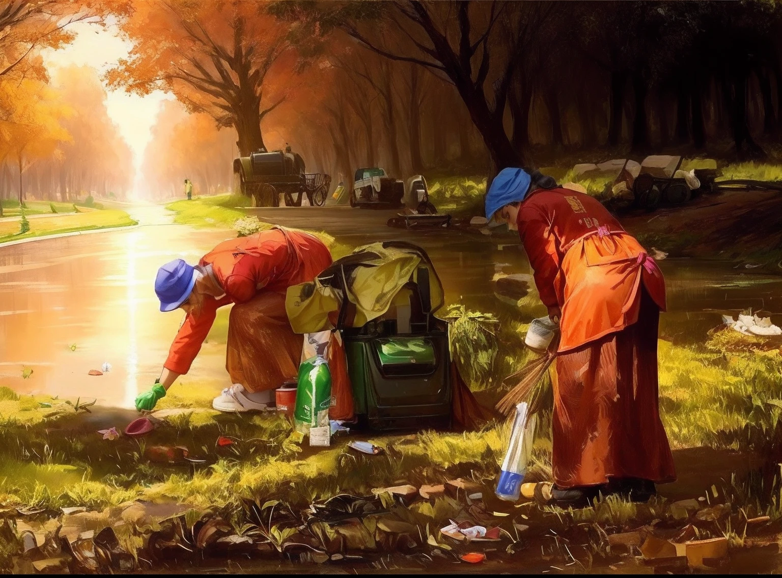 Sanitation workers，Three women，Garbage is being cleaned up，Pick up garbage，park scene，the trees，Landscape plants，Landscape flowers，Stone path，Park pool，Gym Machine，Small animals，Doggy，