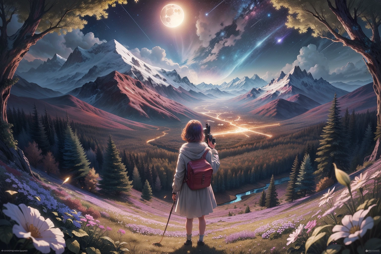 Expansive landscape photograph, (view from below with a view of the sky and the wilderness below), little girl standing in a flower field looking up, (full moon: 1.2), (shooting star: 0.9), (nebula: 1.3), distant mountain, tree break production art, (warm light source: 1.2), (firefly: 1.2), lamp, purple and orange, intricate detail, volume lighting BREAK (masterpiece: 1.2), (highest quality ), 4k, ultra-detailed, (dynamic configuration: 1.4), highly detailed and colorful details (iridescent: 1.2), (sparkling lighting, atmospheric lighting), dreamy, magical, (solo: 1.2)