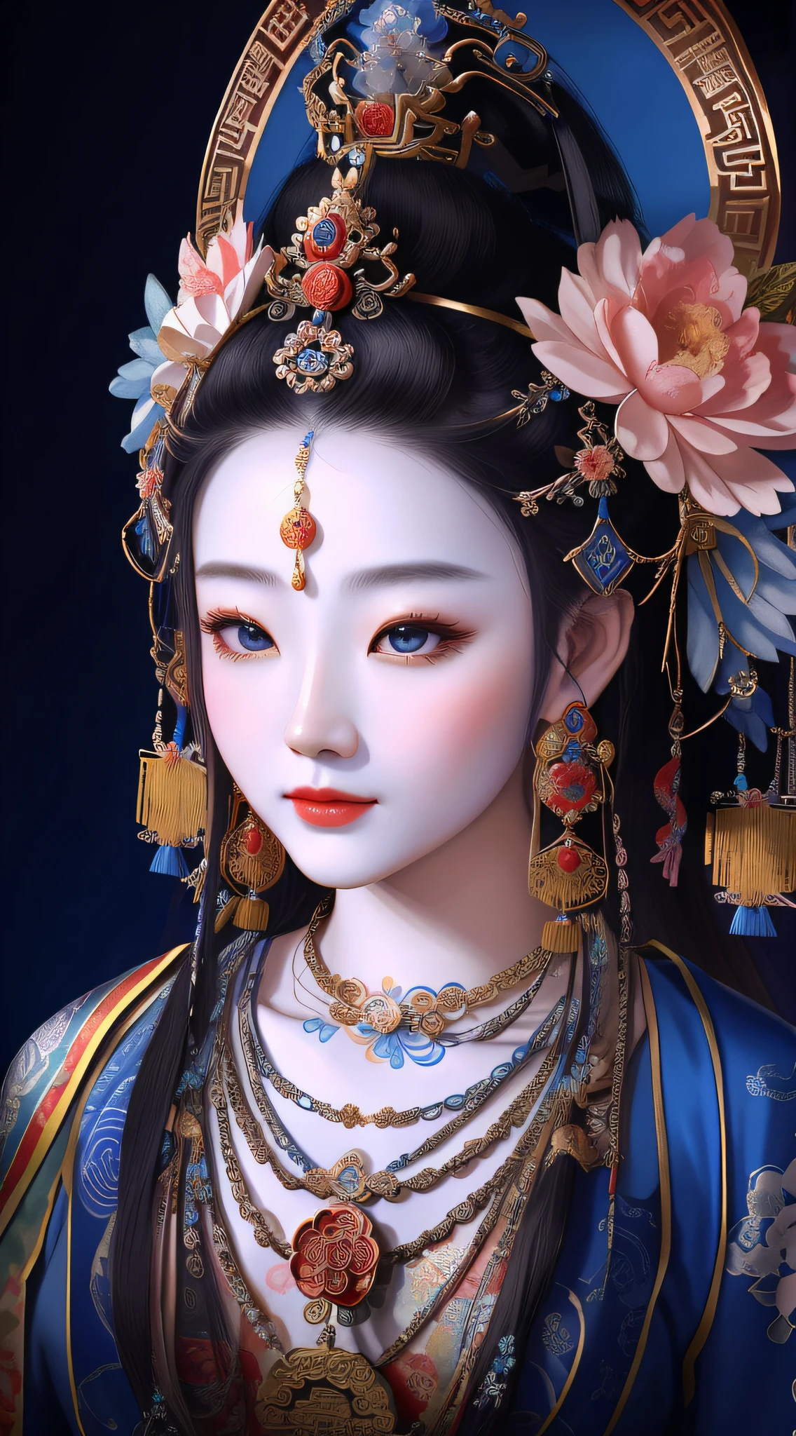 a close up of a woman with a blue dress and a flower in her hair, ancient chinese goddess, ancient chinese beauties, guanyin, guanyin of the southern seas, a stunning portrait of a goddess, beautiful image, ancient china art style, contented female bodhisattva, traditional chinese, chinese empress, portrait of a beautiful goddess