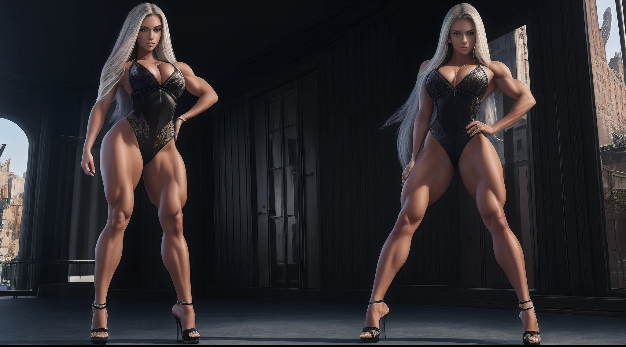 Very extreme strong+Beautiful and beautiful+Strong body+musculous+Hermaphroditic beautiful muscular girl,silber hair,The chest and buttocks are abnormally large,H cup enlarged,Hip circumference 124 cm,50cm extra high heels,The leg muscles are super developed,9 feet tall, And Shota stood on the ground next to her as a height comparison,New York mansion district in the background --auto