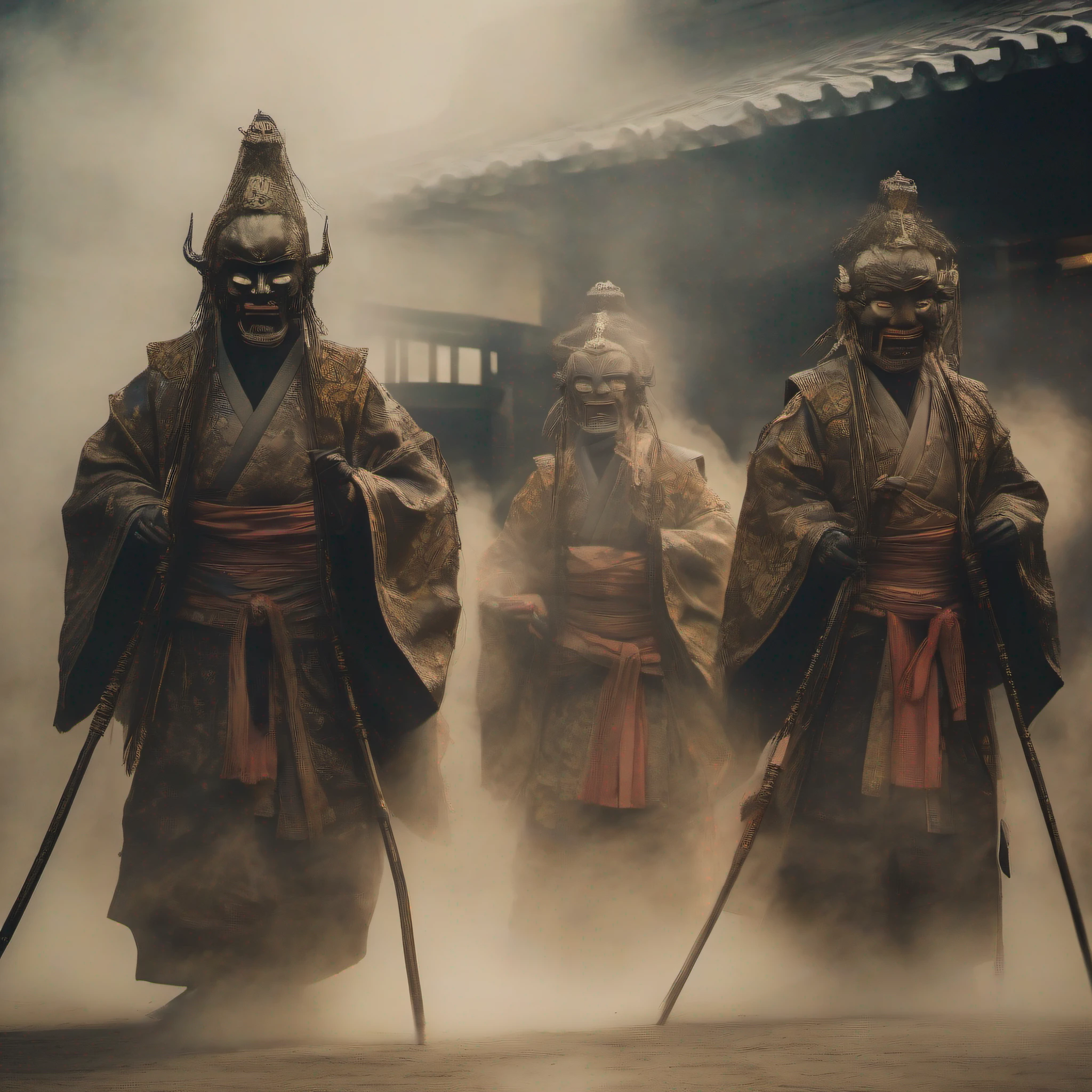 (Procession of Japanese phantoms called (HYAKKI YAKOU)):1.5、((Unidentifiable persons appearing out of the fog)):1.6、smoky、Highly detailed background，Realistic，ultra-detailliert，super detailed skin，light glow，Film grain，Expro II，Lens Flare，Sharpen，cinematic shadow