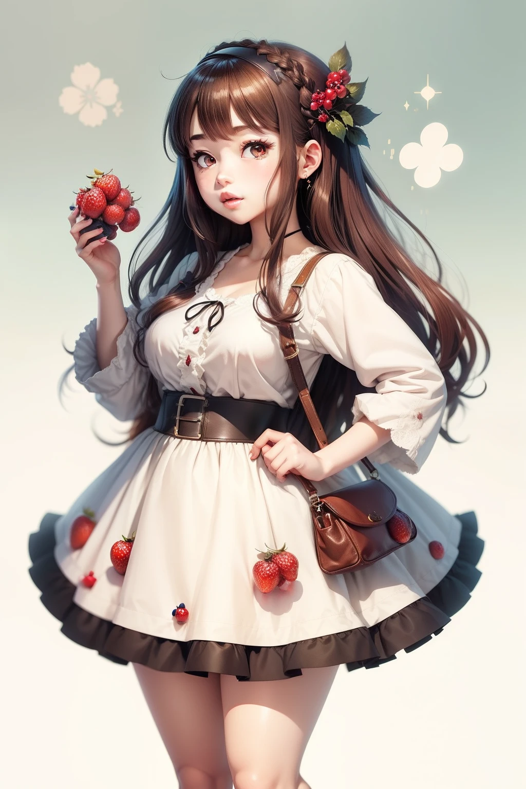 kawaii mix,Illustration on a white background ,Anime girl in full growth holding berries in her hand,