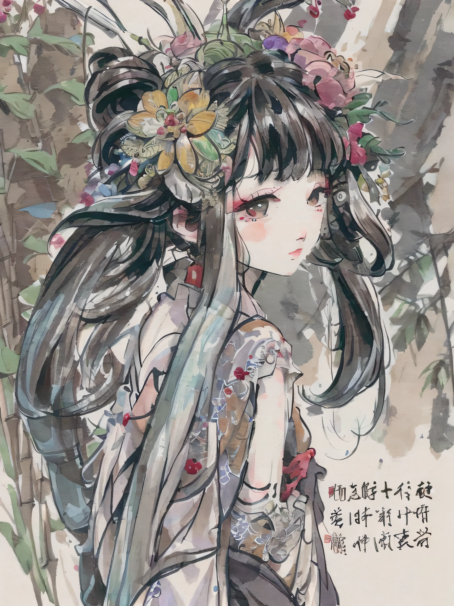 Yuen Jiahao,(bamboo0.1),Best quality,Highly detailed,Masterpiece,Ultra-detailed,illustration,Hair_flower,{flower ribbon},